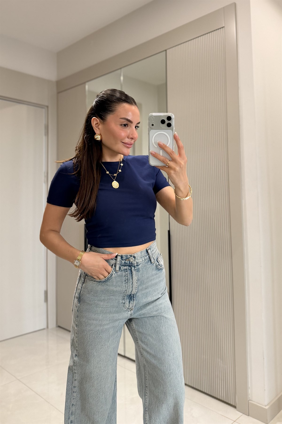 Seize Lacivert Basic Slim Fit Crop Bluz