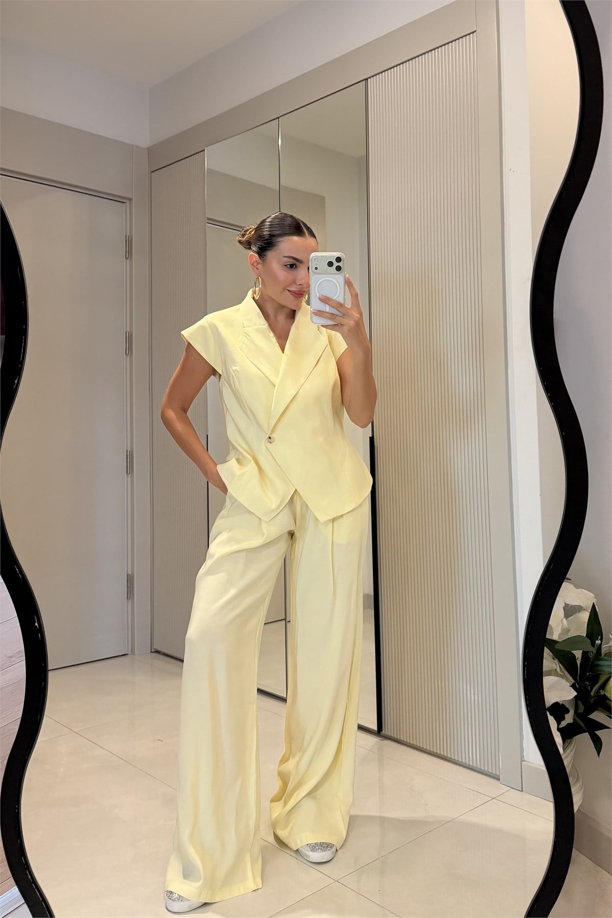 Selena Sarı Tensel Yelek Pantolon Takım