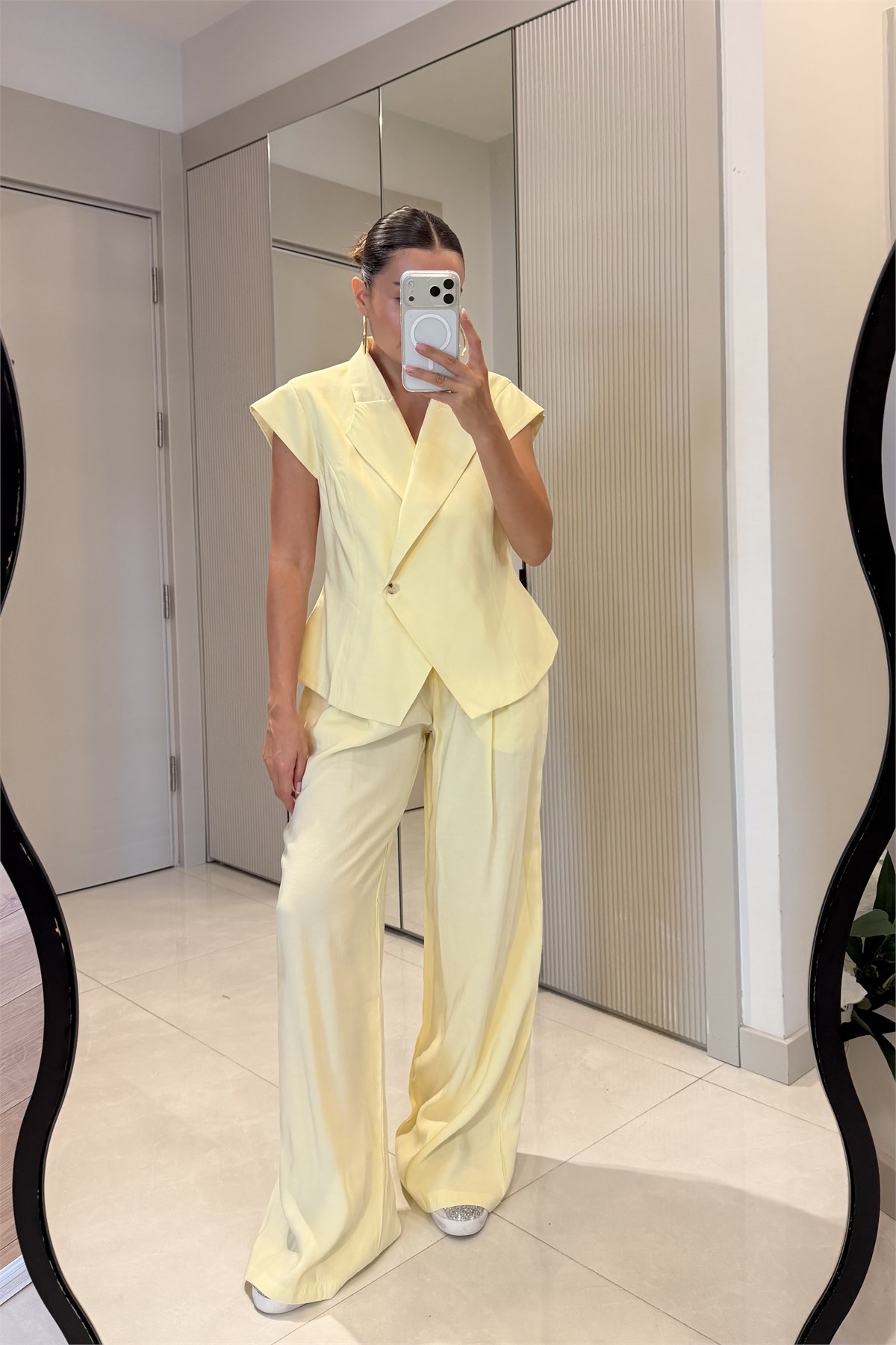 Selena Sarı Tensel Yelek Pantolon Takım