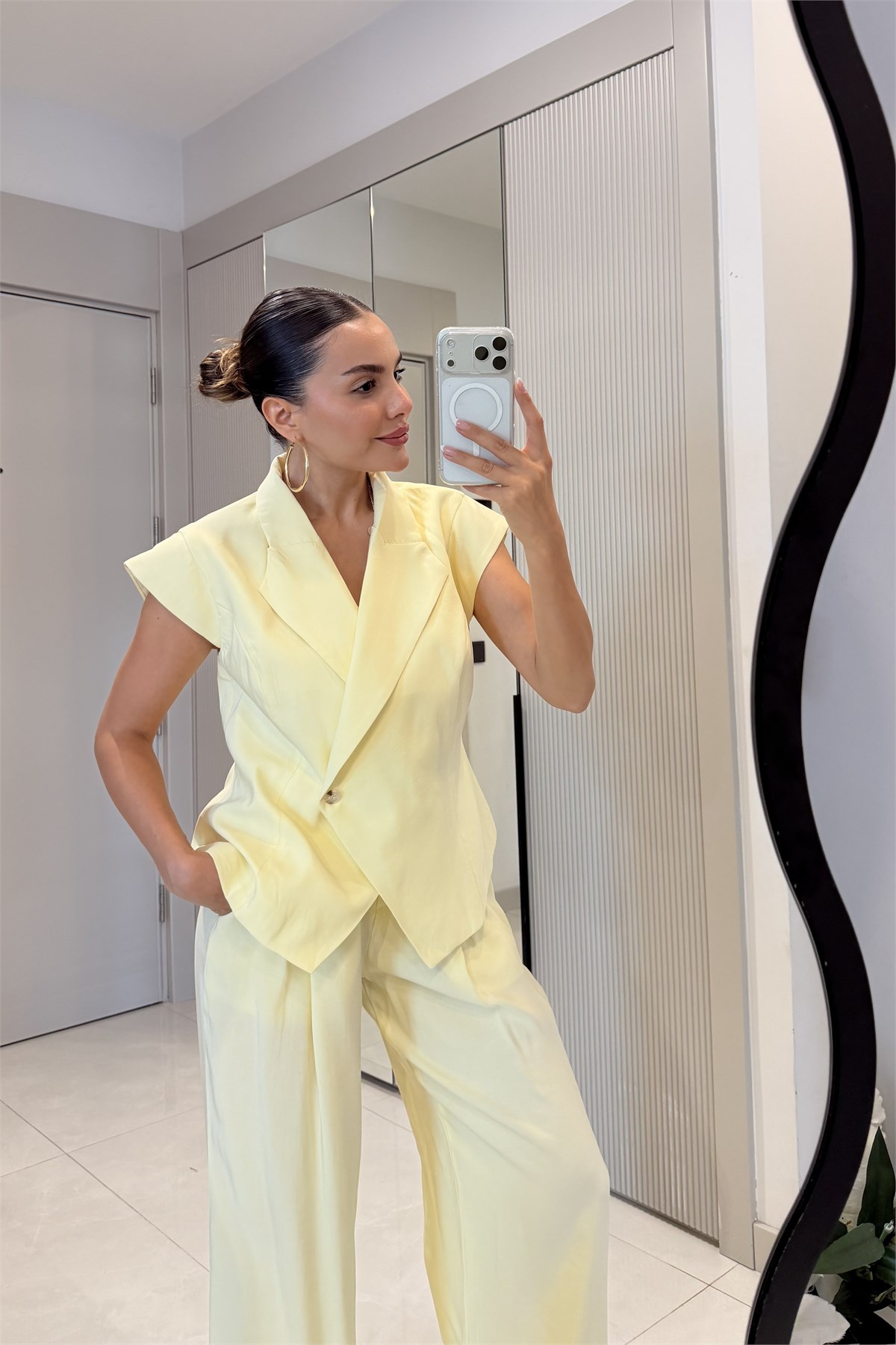 Selena Sarı Tensel Yelek Pantolon Takım
