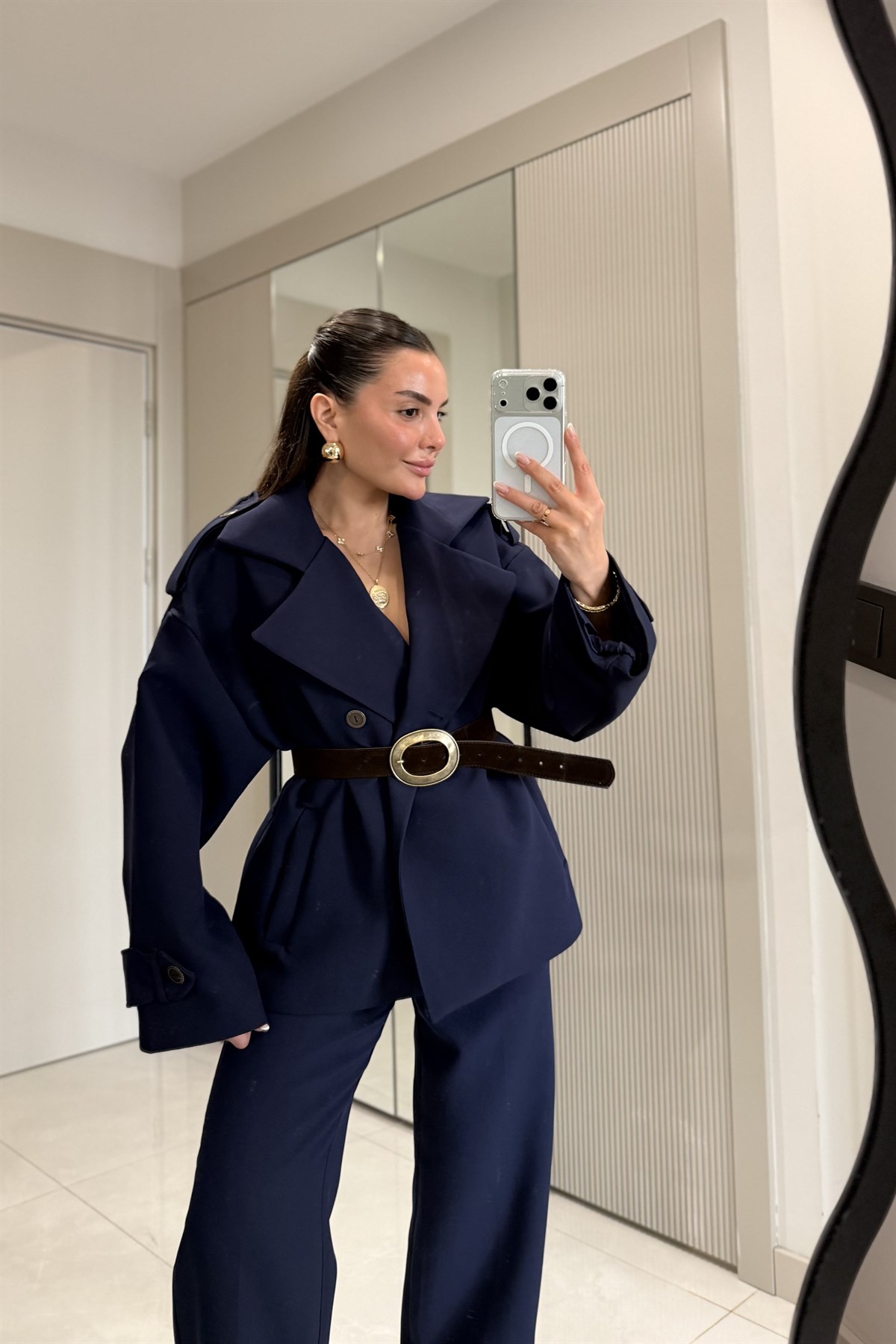 Self Lacivert Kemerli Premium Trenç