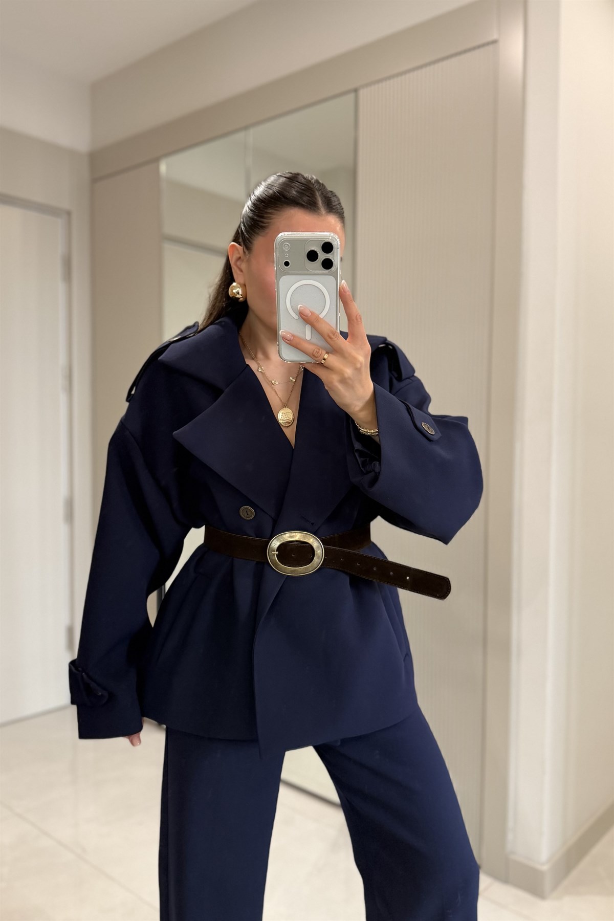 Self Lacivert Kemerli Premium Trenç