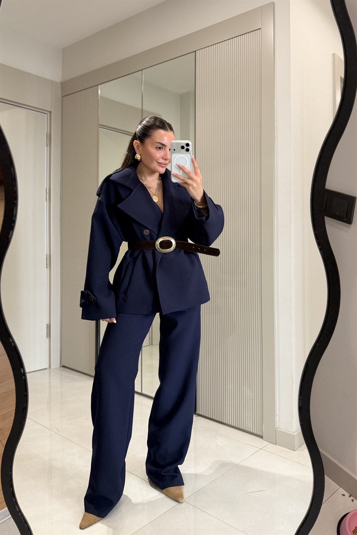 Self Lacivert Kemerli Premium Trenç