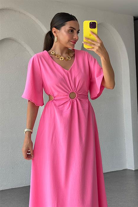 Semina Bel Dekolteli Halka Detaylı Elbise-Pembe