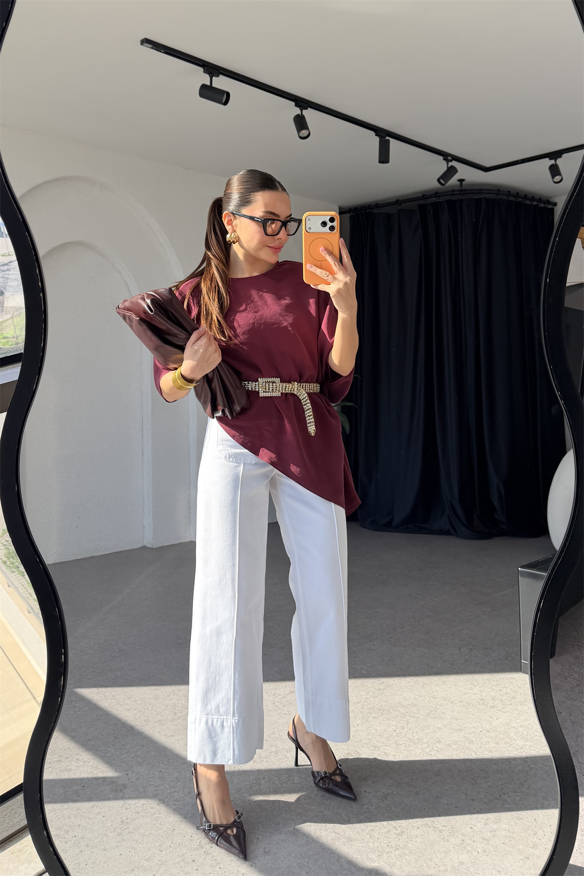 Sendy Bordo Asimetrik Kesim Tencel Bluz