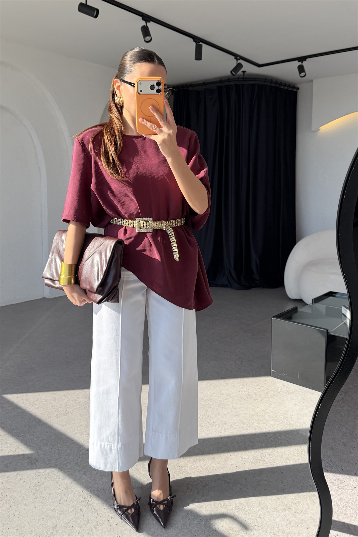 Sendy Bordo Asimetrik Kesim Tencel Bluz