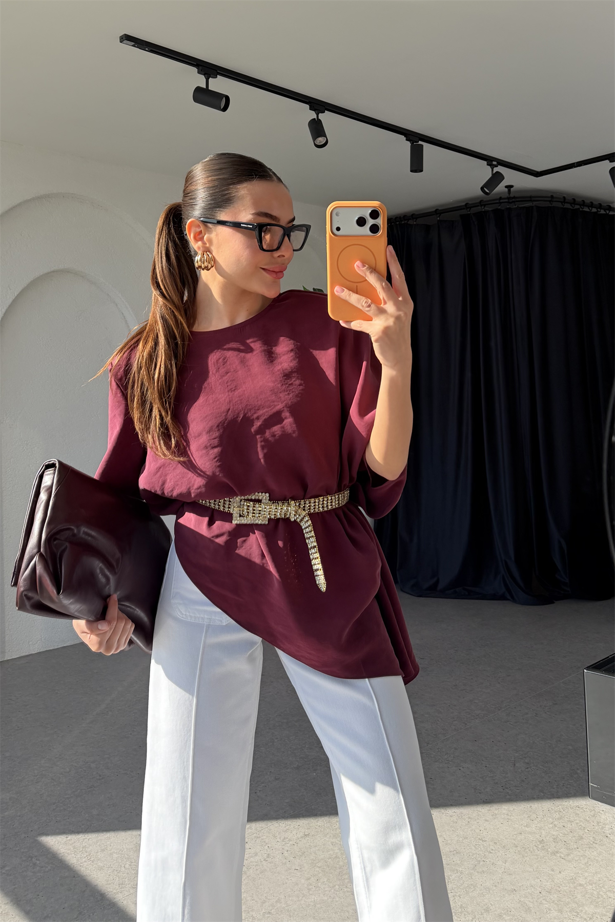 Sendy Bordo Asimetrik Kesim Tencel Bluz
