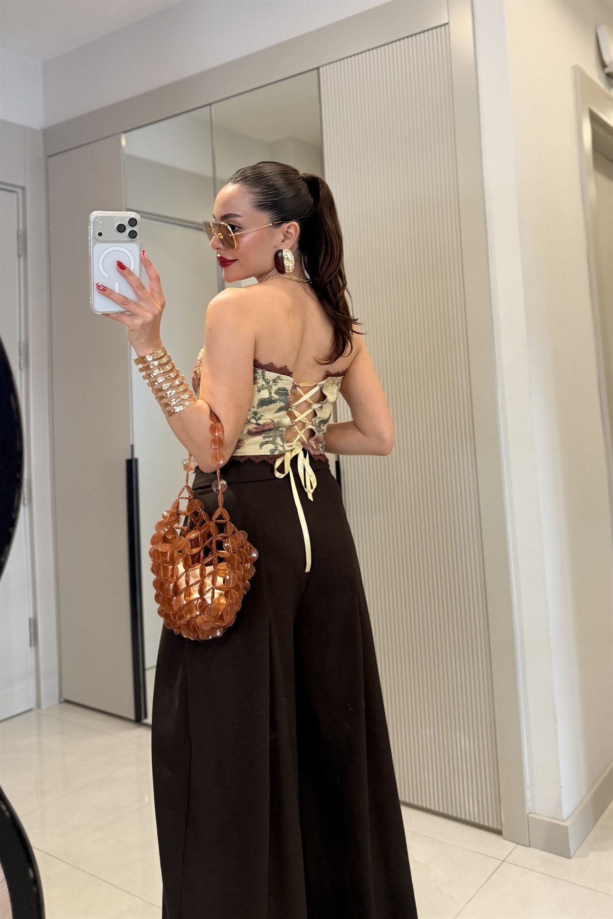 Senita Kahve Vintage Çiçek Desen Korse Büstiyer