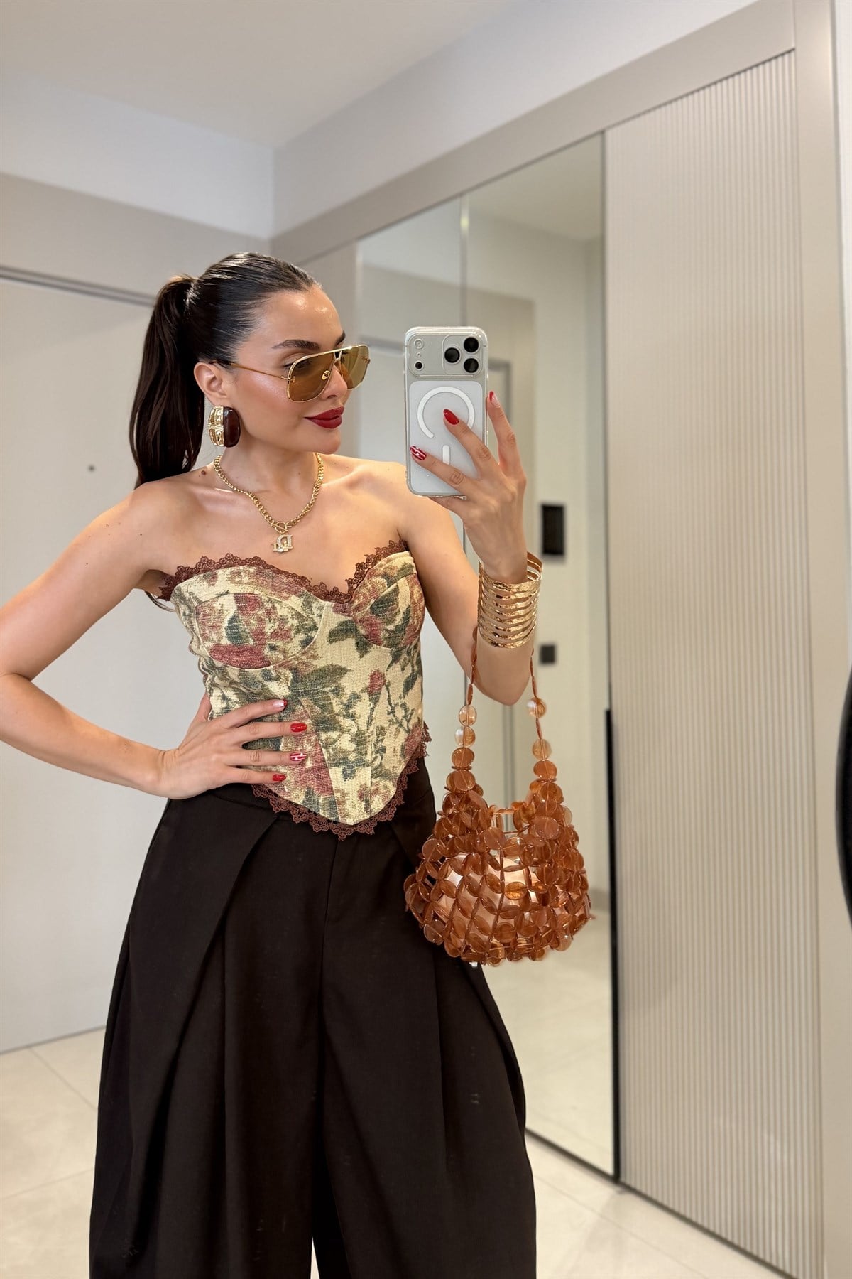 Senita Kahve Vintage Çiçek Desen Korse Büstiyer