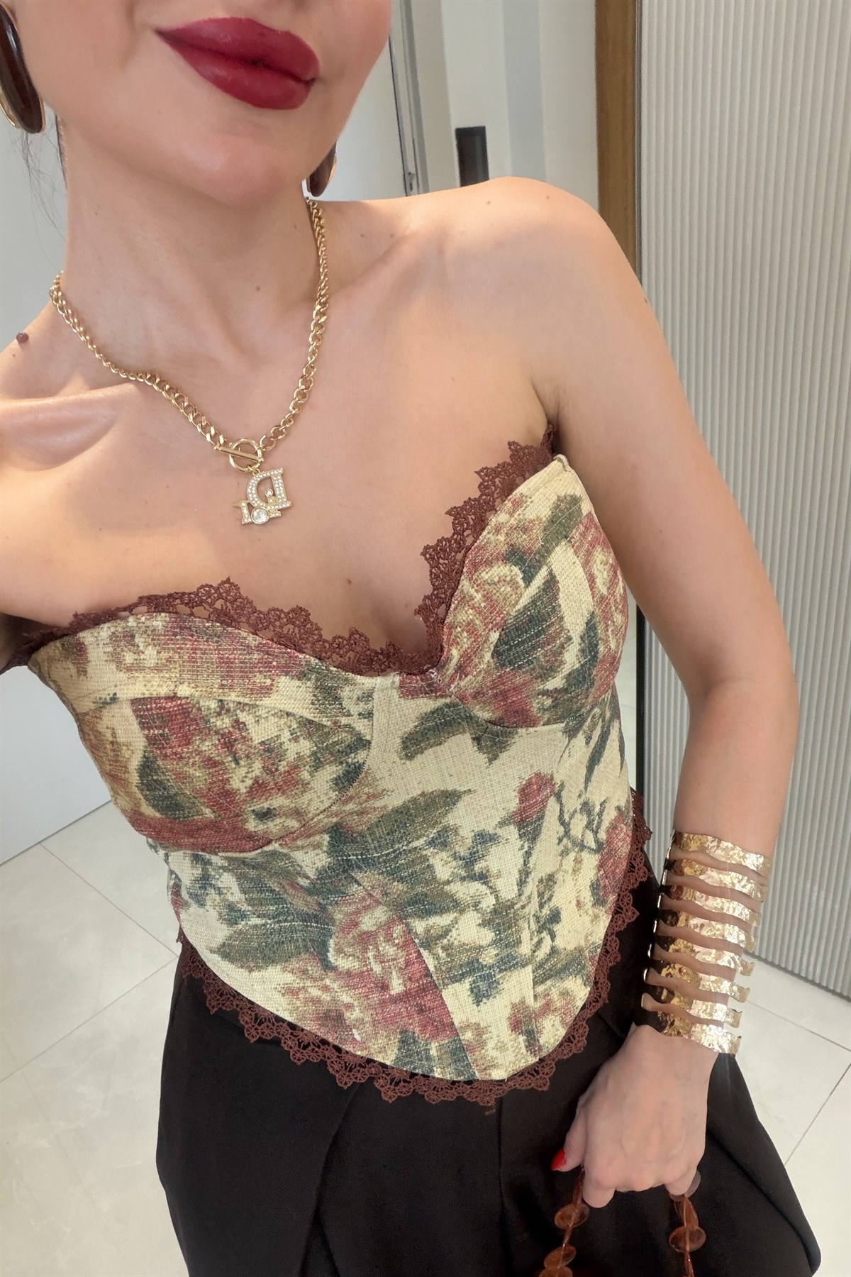 Senita Kahve Vintage Çiçek Desen Korse Büstiyer