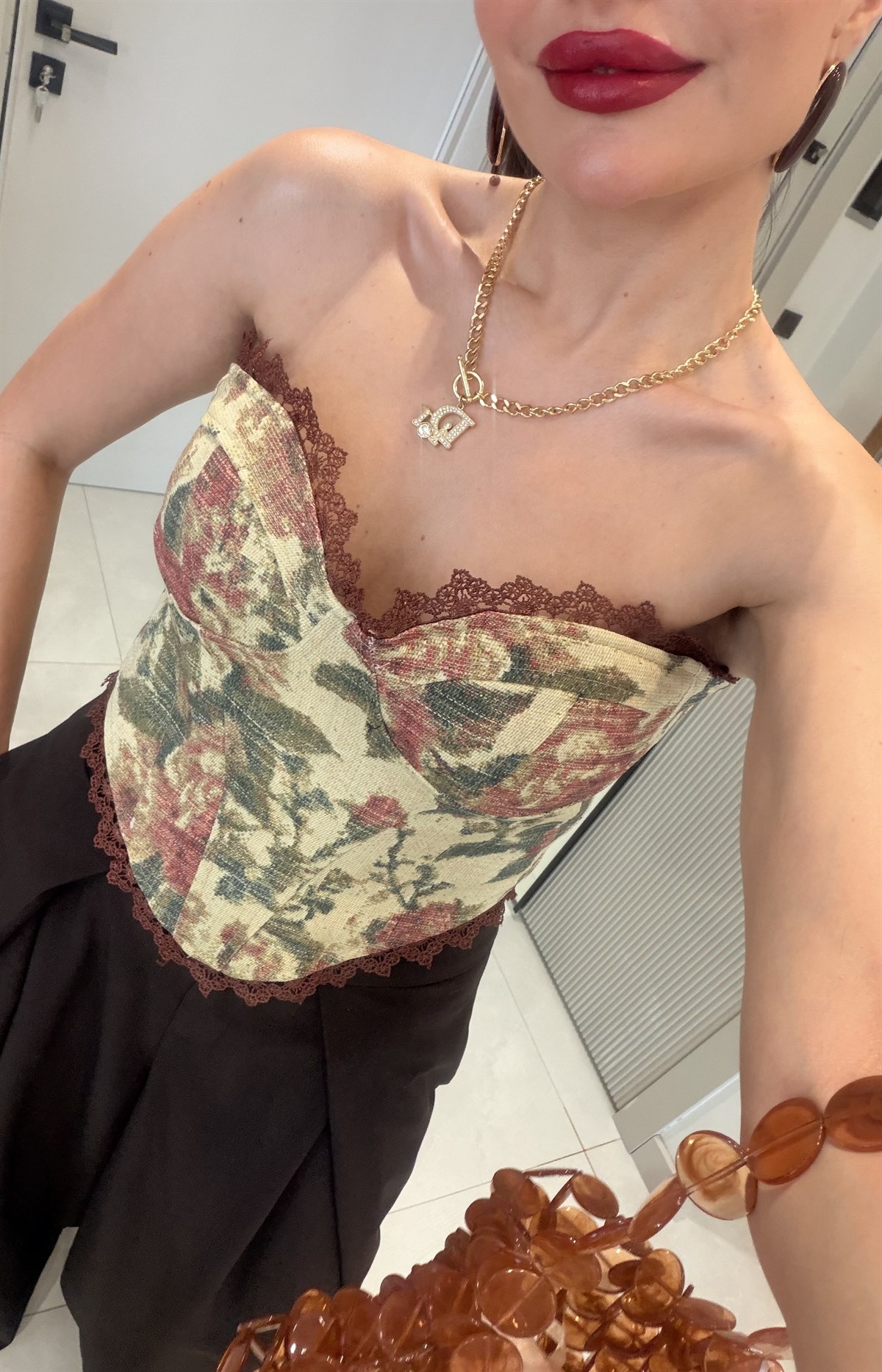 Senita Kahve Vintage Çiçek Desen Korse Büstiyer