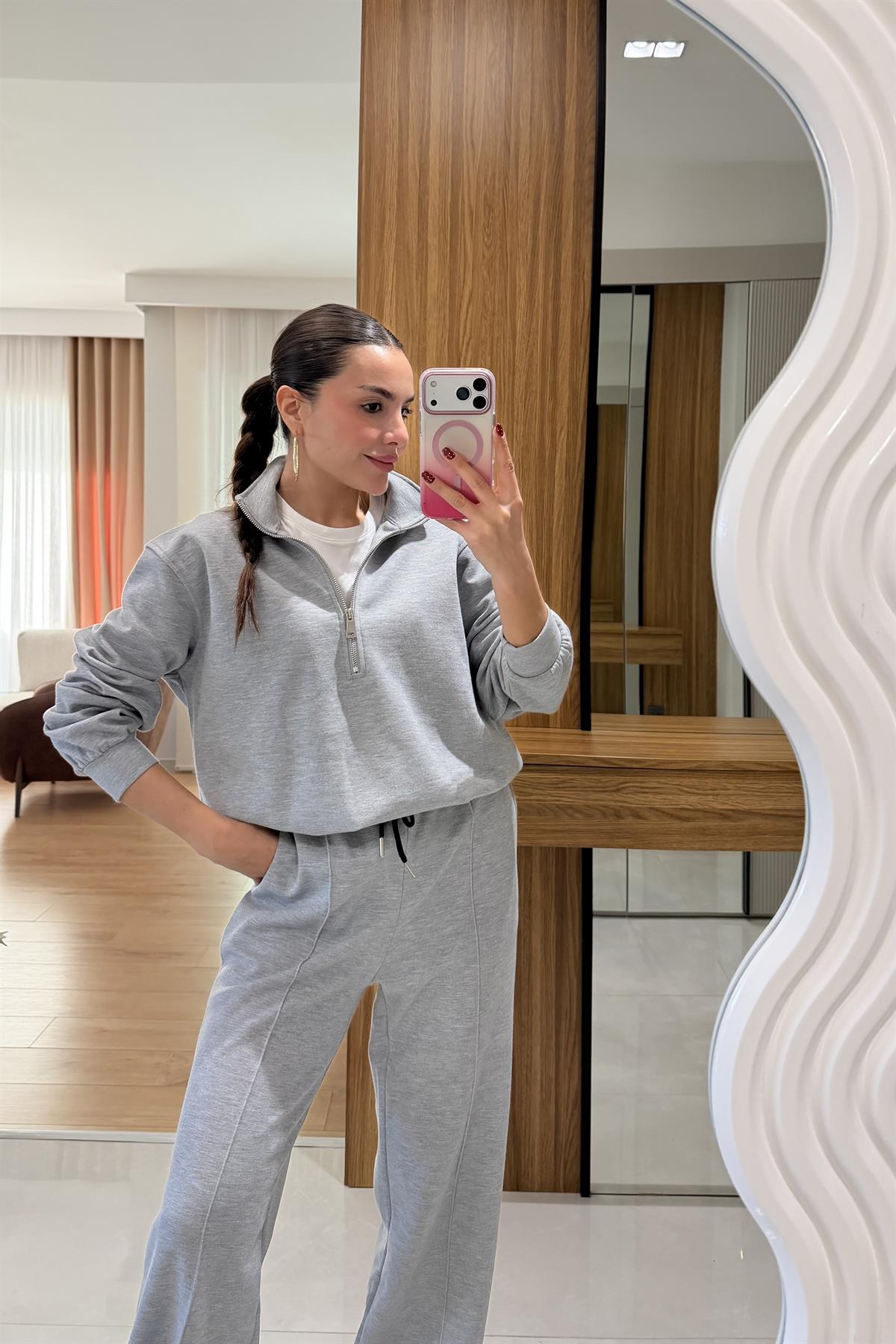 Senya Gri Tshirt Detaylı Eşofman Takımı