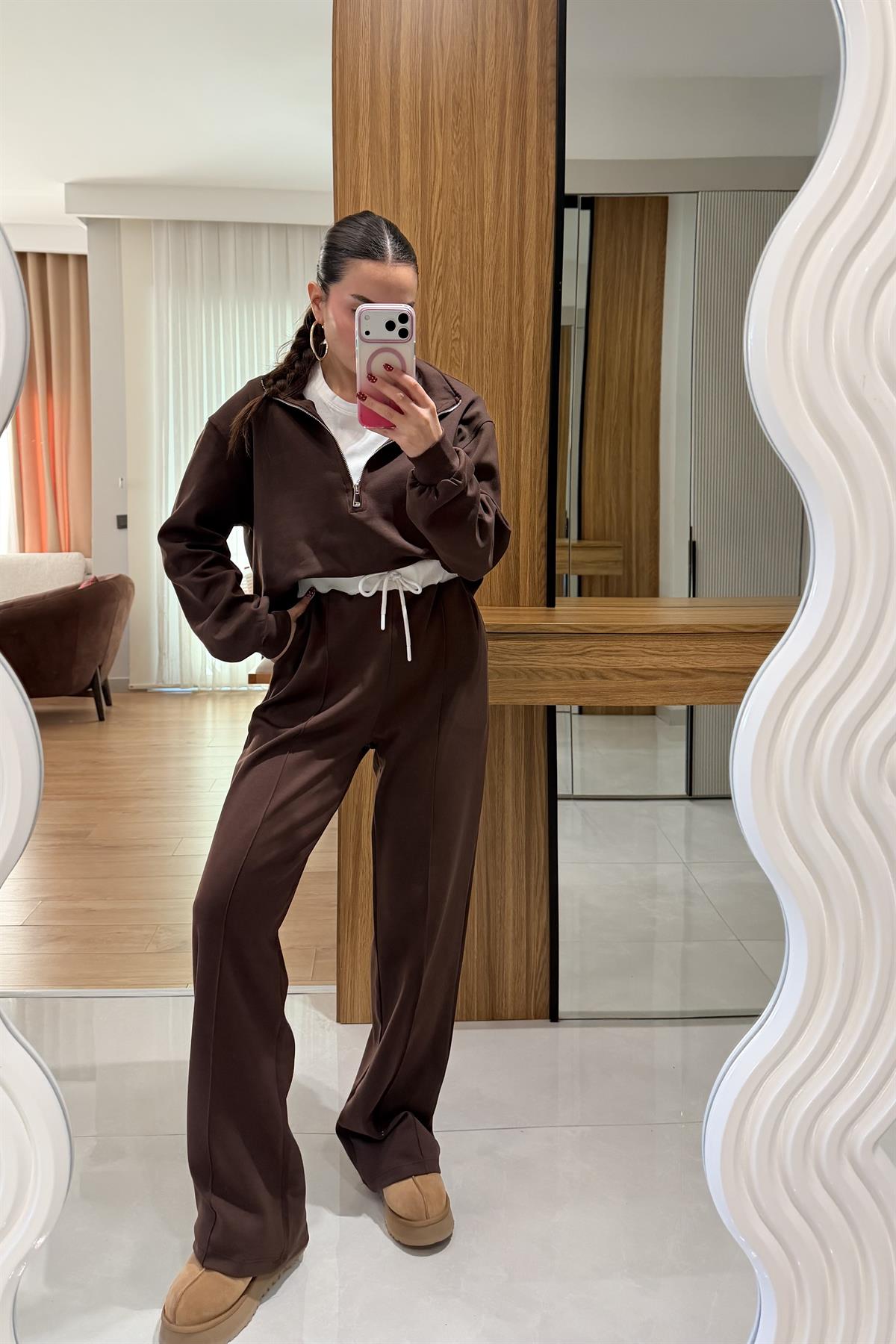 Senya Kahve Tshirt Detaylı Eşofman Takımı