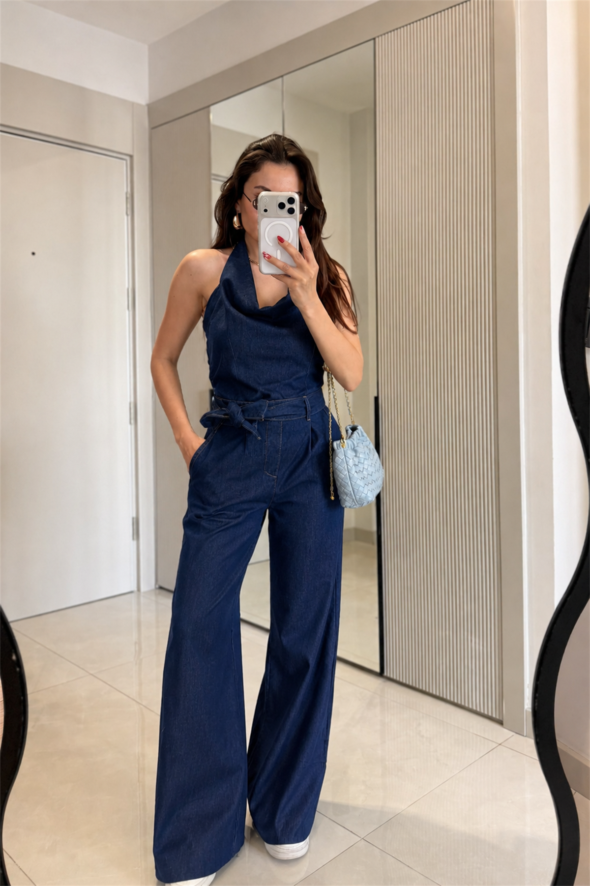 Serenza Denim Sırt Dekolteli Kuşaklı Tulum