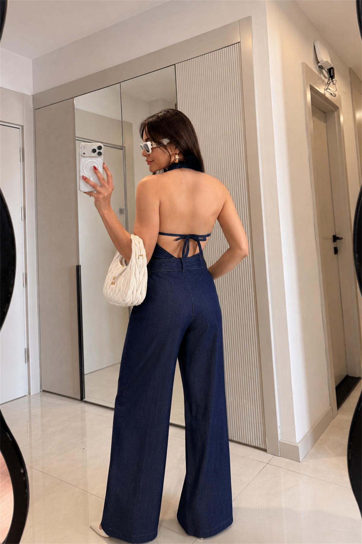 Serenza Denim Sırt Dekolteli Kuşaklı Tulum