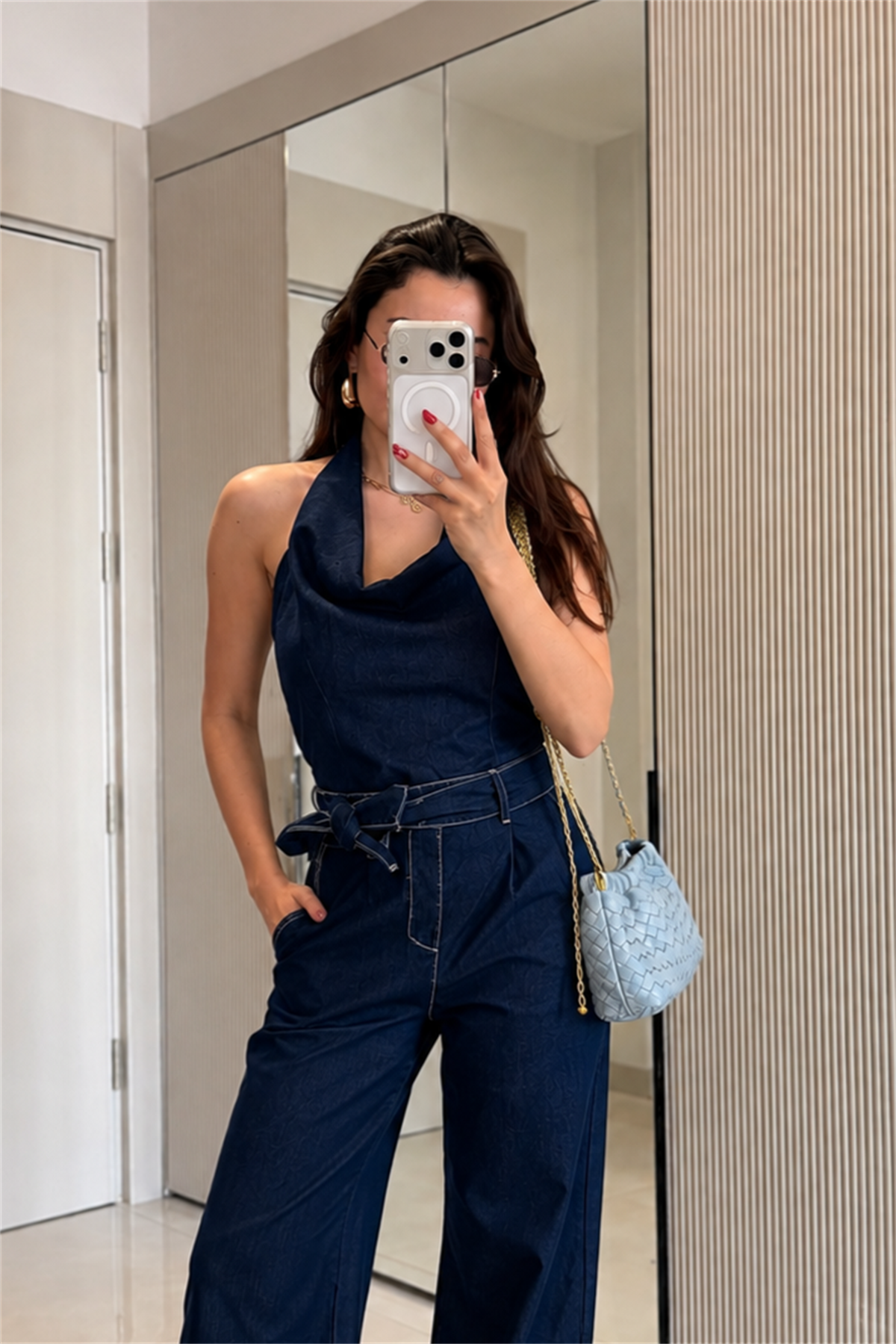 Serenza Denim Sırt Dekolteli Kuşaklı Tulum