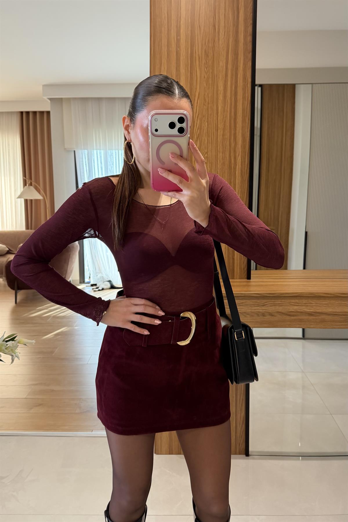 Seria Bordo Kemerli Süet Şort Etek