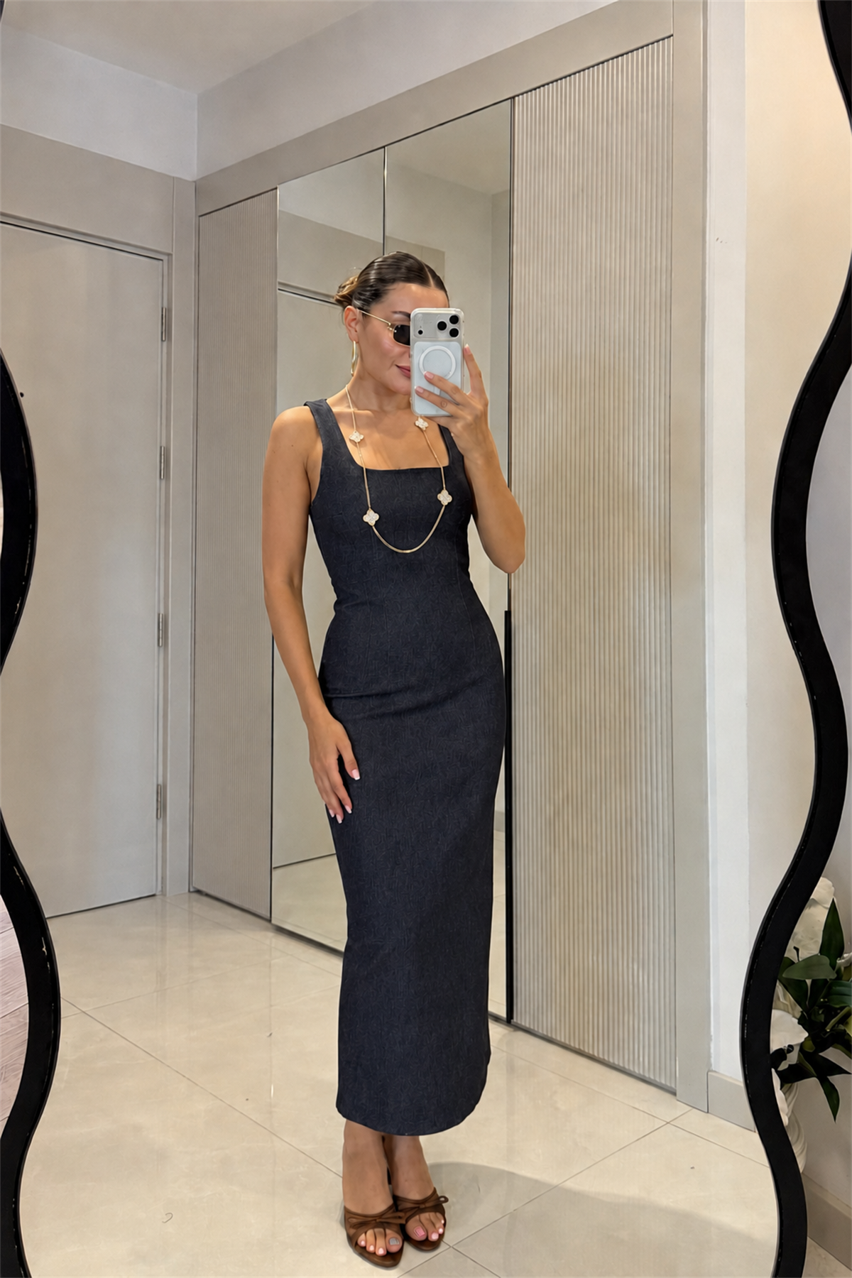 Serilda Lacivert Denim Kare Yaka Kalem Elbise