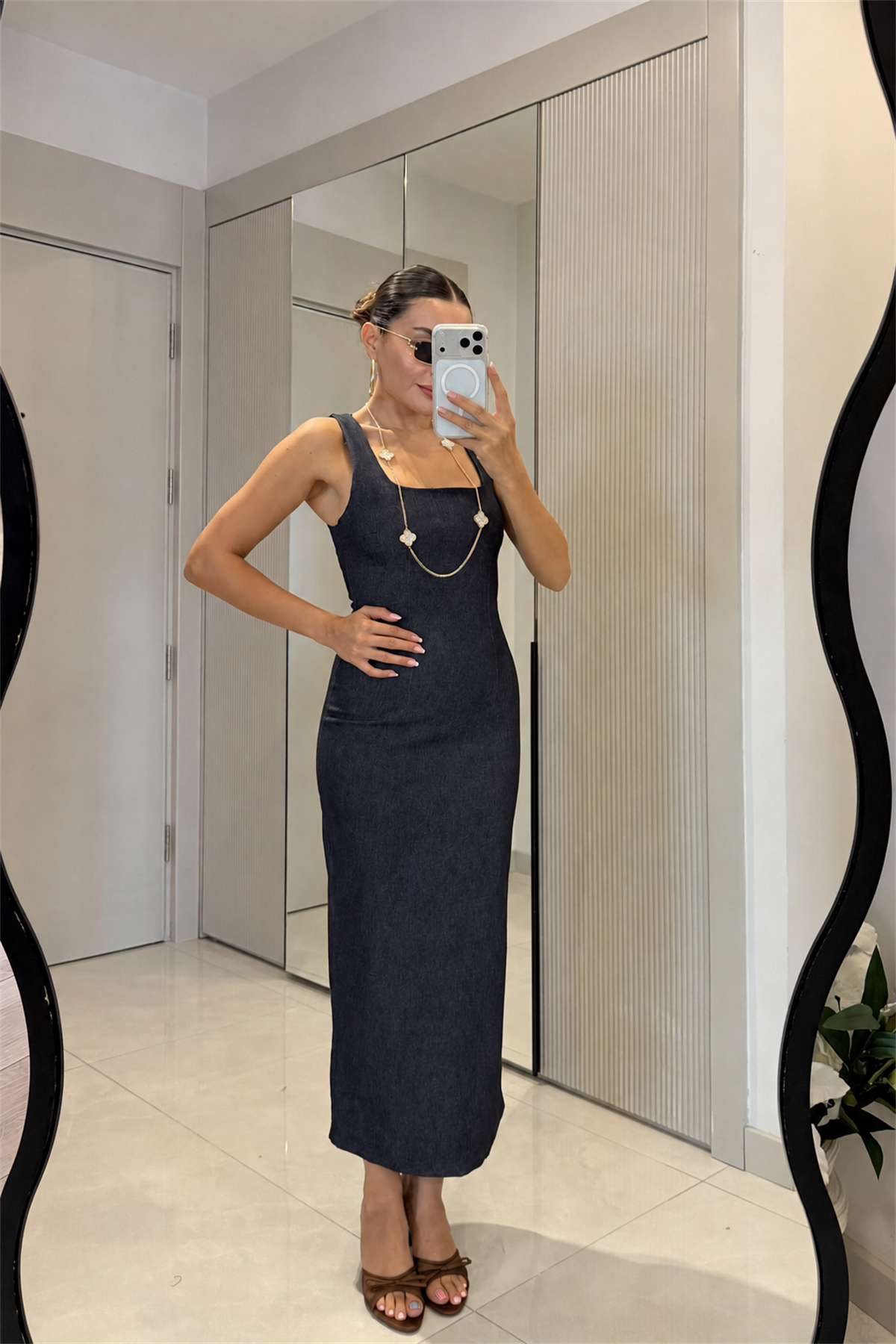 Serilda Lacivert Denim Kare Yaka Kalem Elbise