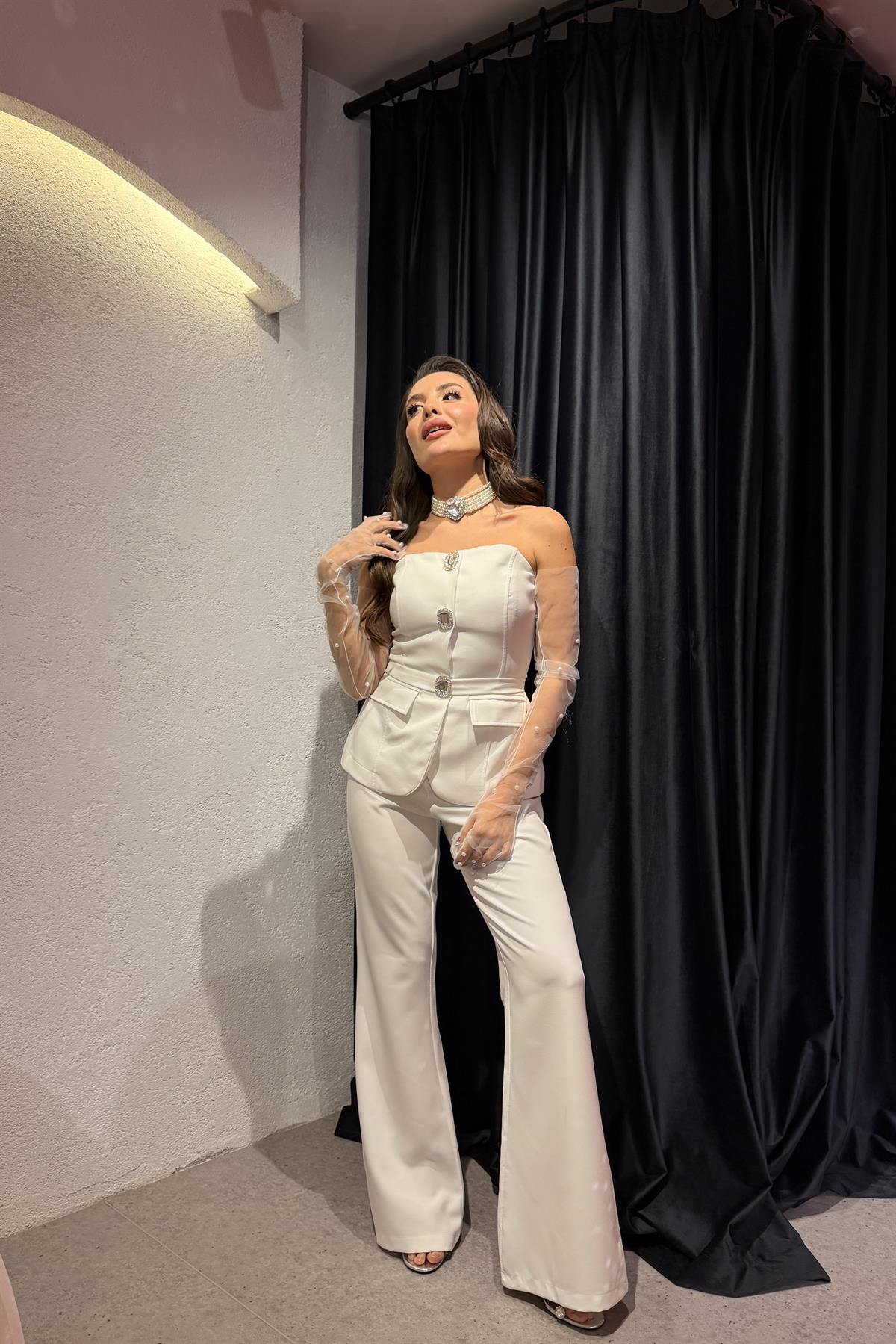 Sevilla Beyaz Taşlı Straplez Tulum