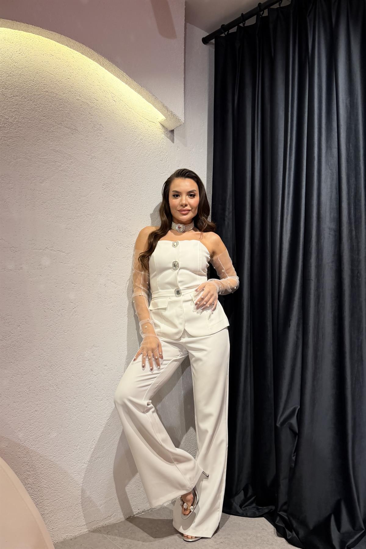 Sevilla Beyaz Taşlı Straplez Tulum