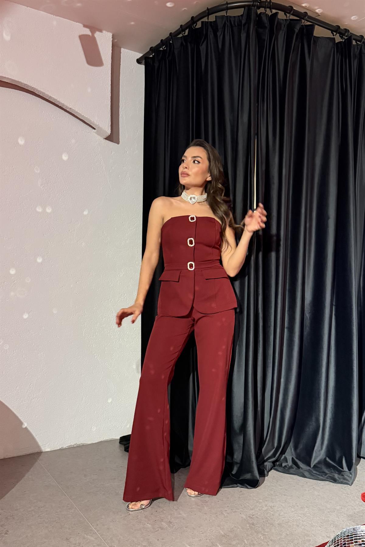 Sevilla Bordo Taşlı Straplez Tulum