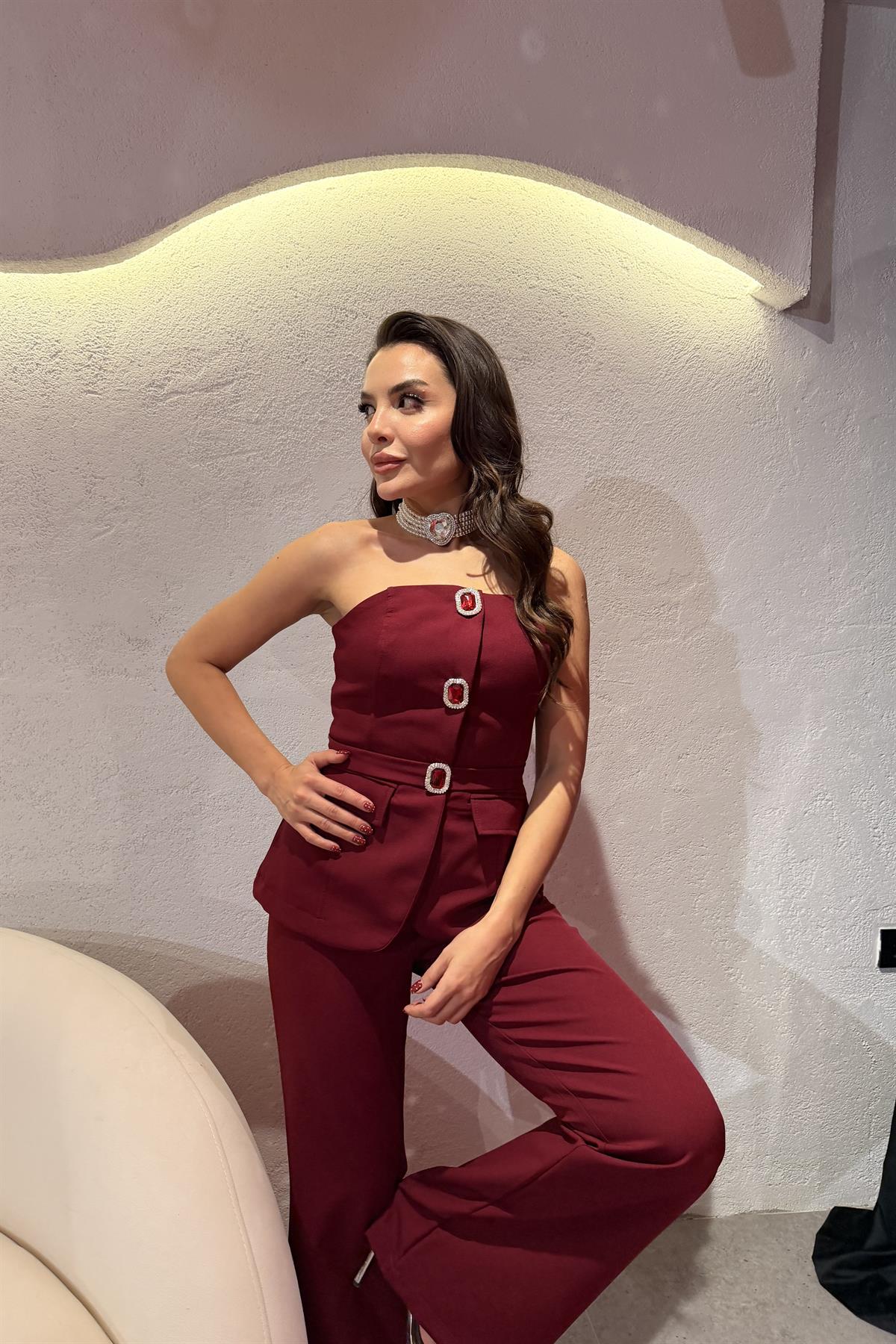 Sevilla Bordo Taşlı Straplez Tulum