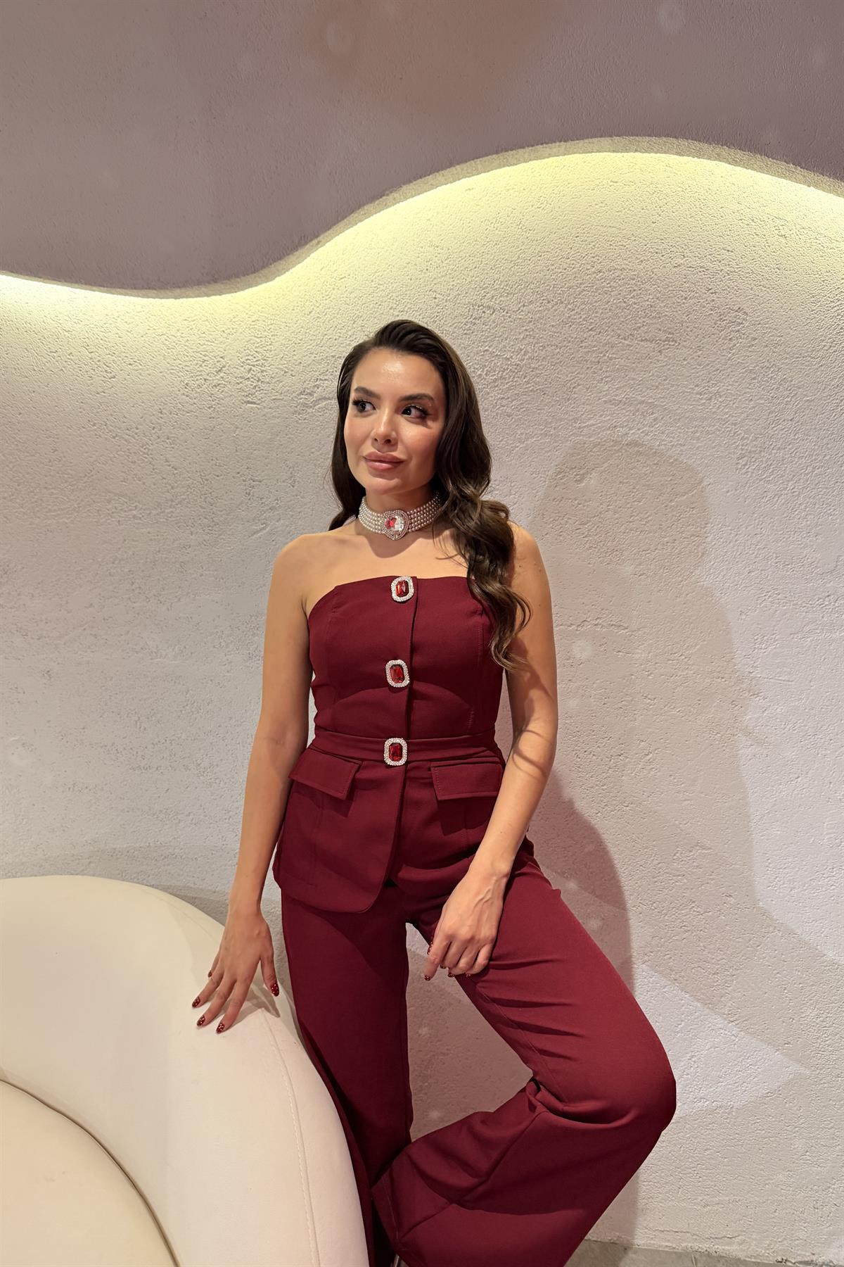 Sevilla Bordo Taşlı Straplez Tulum