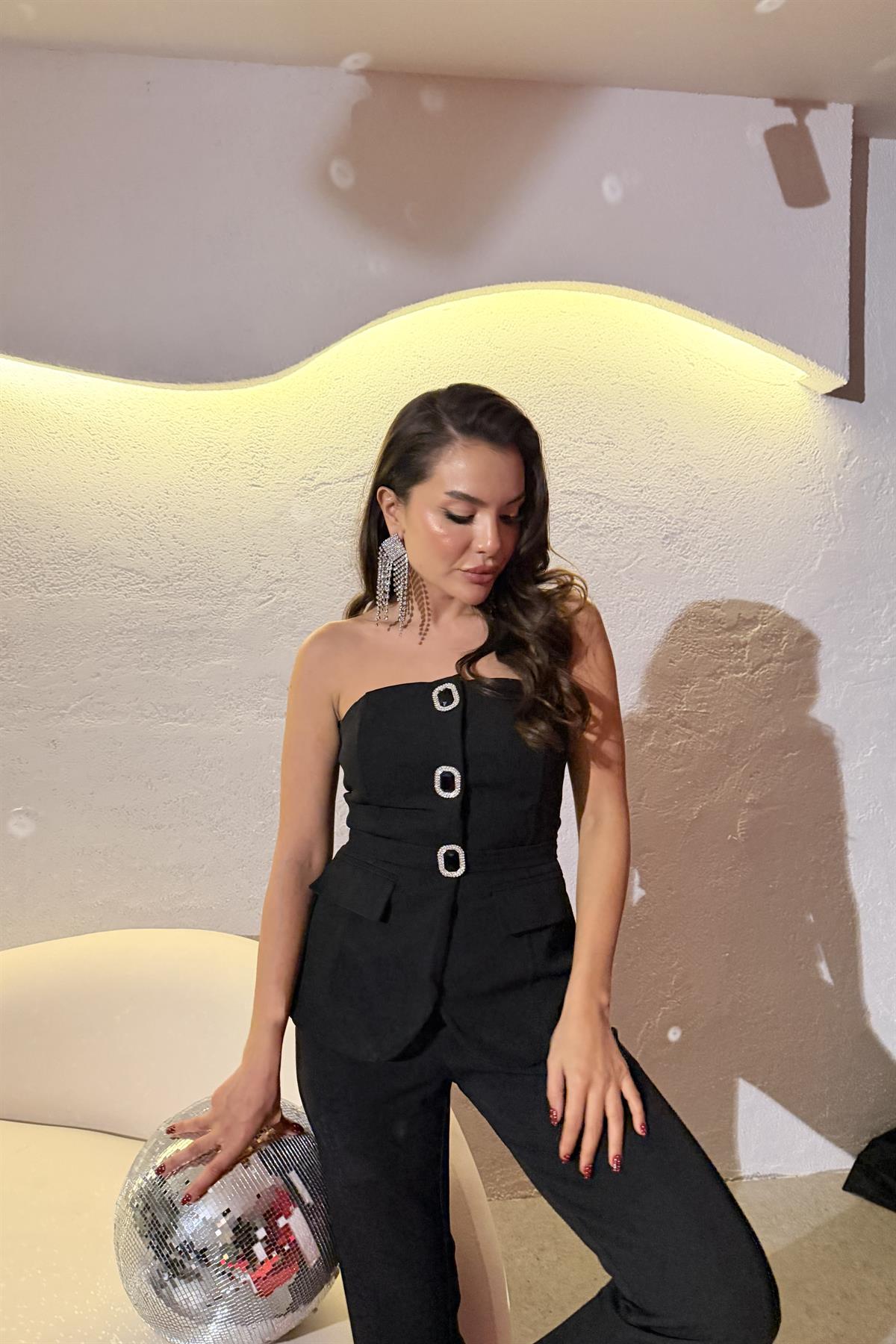 Sevilla Siyah Taşlı Straplez Tulum