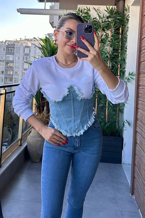 Sgz Jean Korse Detaylı Beyaz Bluz