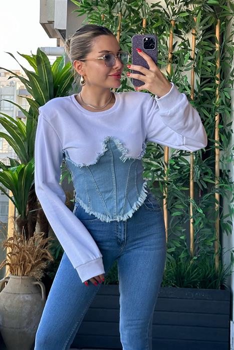 Sgz Jean Korse Detaylı Beyaz Bluz