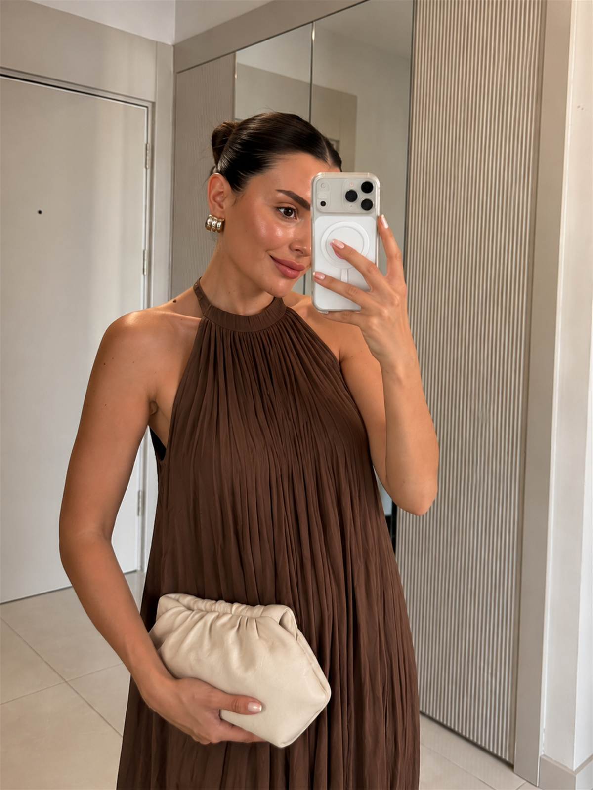 Shaila Kahve Kırışık Model Maxi Elbise