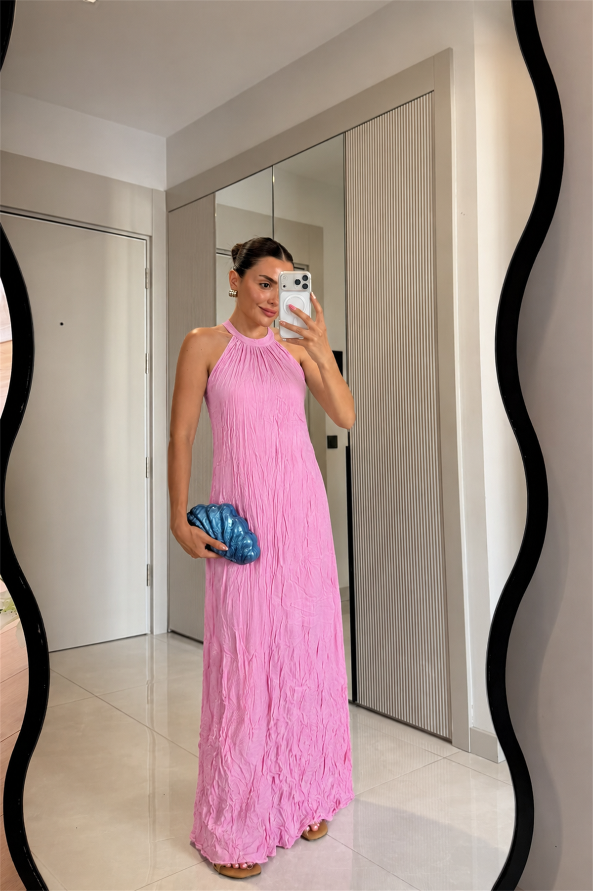 Shaila Pembe Kırışık Model Maxi Elbise