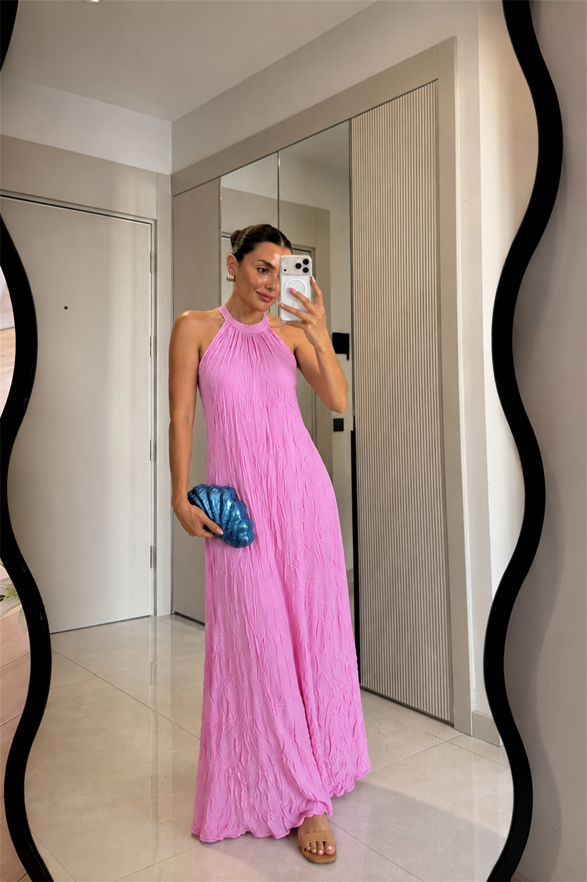 Shaila Pembe Kırışık Model Maxi Elbise