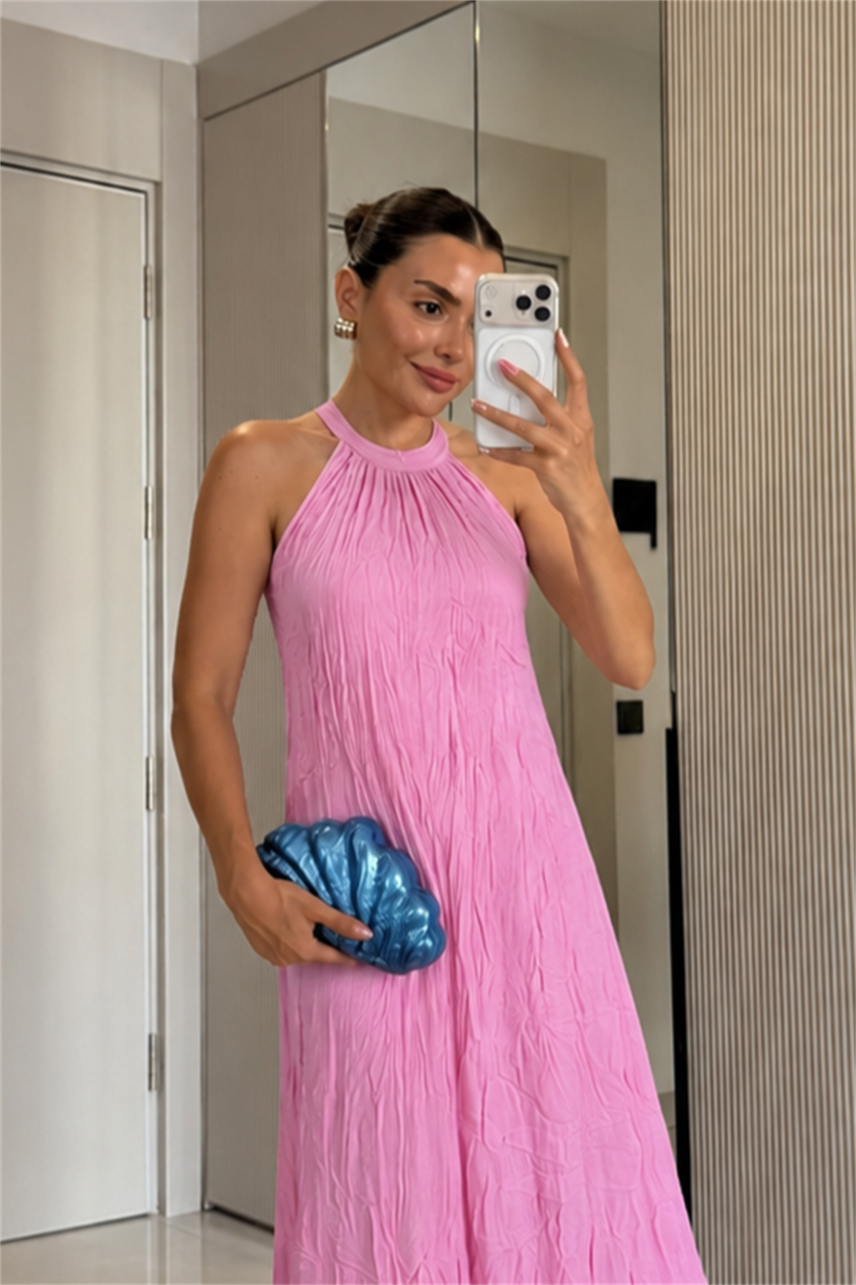 Shaila Pembe Kırışık Model Maxi Elbise