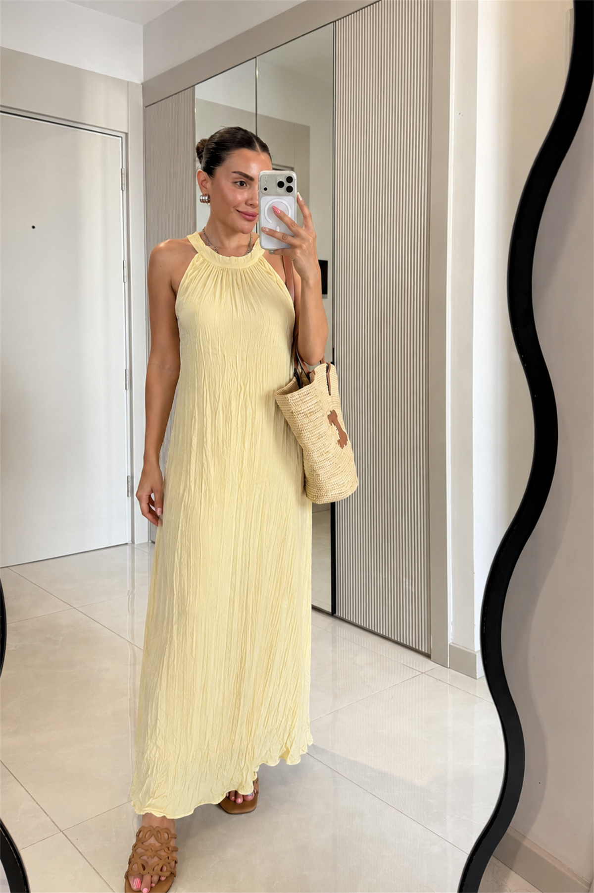 Shaila Sarı Kırışık Model Maxi Elbise