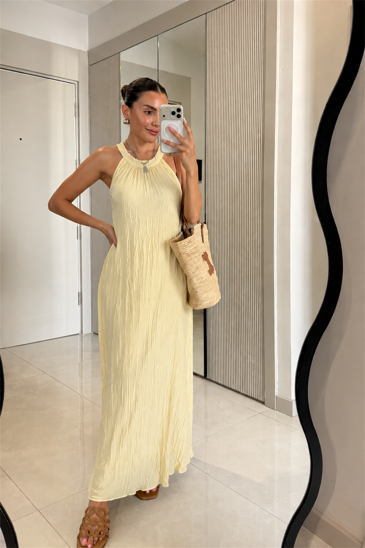 Shaila Sarı Kırışık Model Maxi Elbise