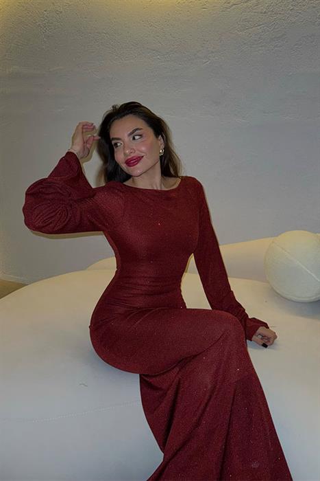 Shaila Sırt Dekolteli Simli Bordo Elbise