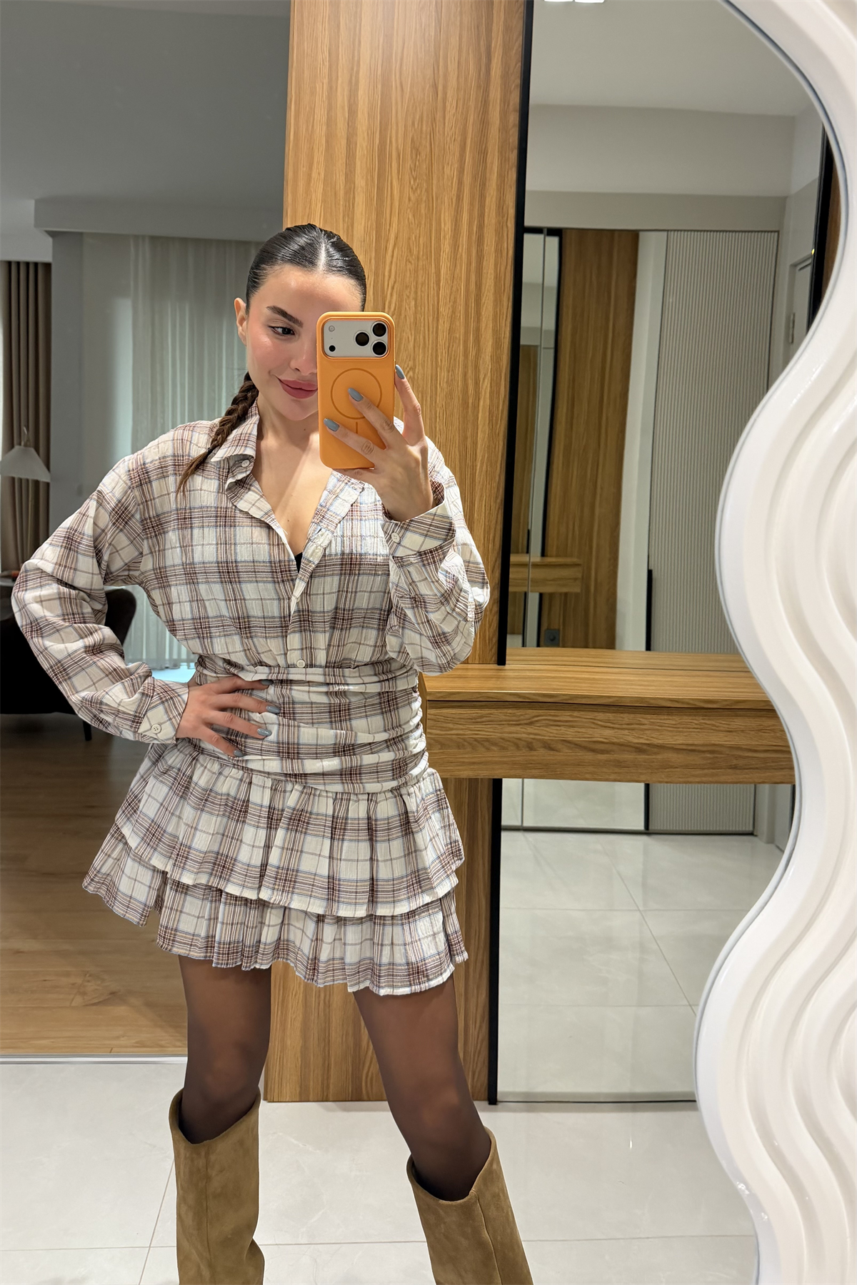 Shake Bej Ekose Fırfır Etekli Takım