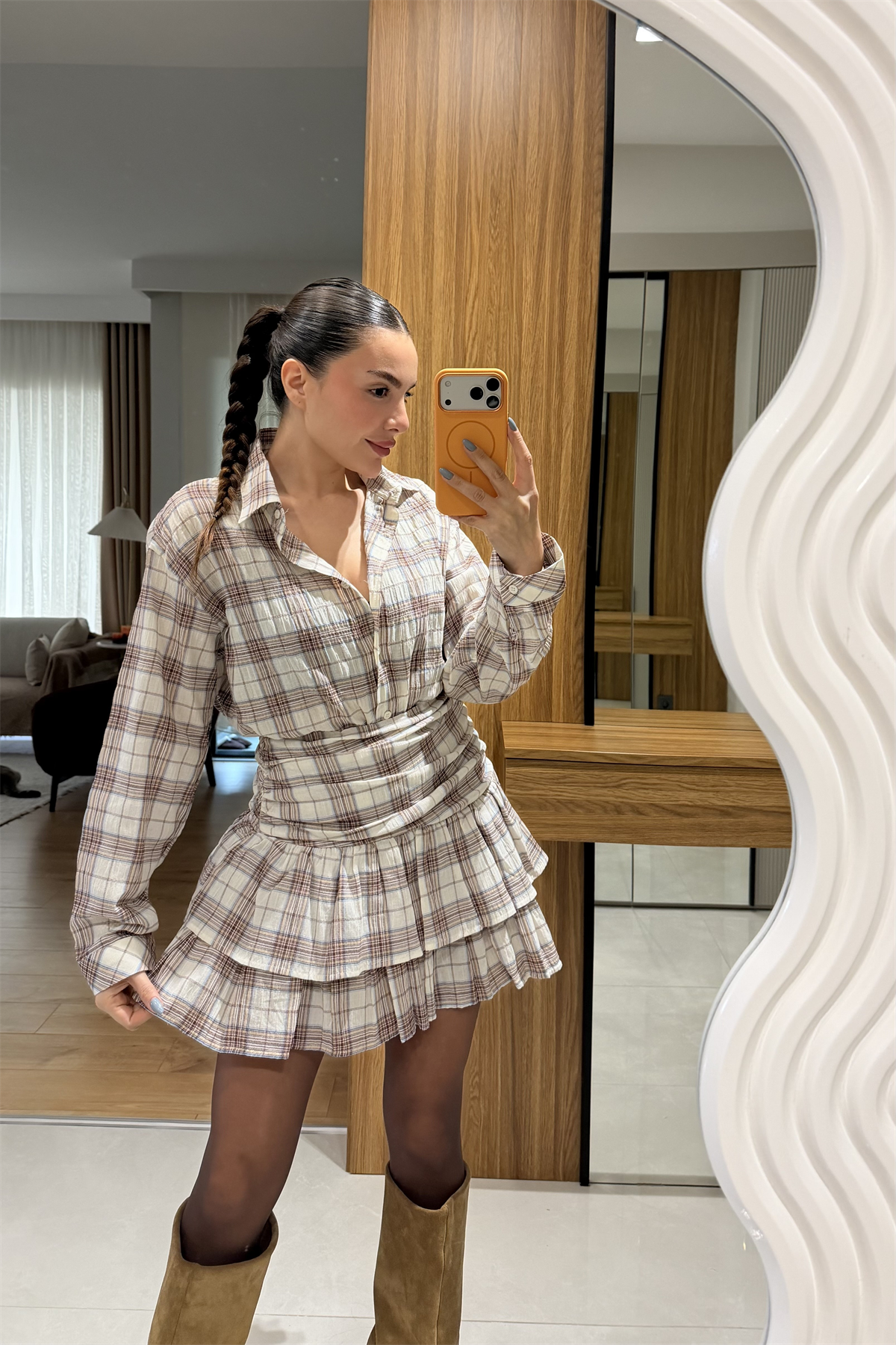 Shake Bej Ekose Fırfır Etekli Takım