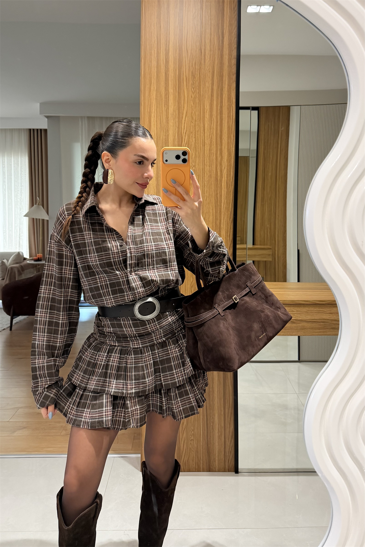 Shake Kahve Ekose Fırfır Etekli Takım