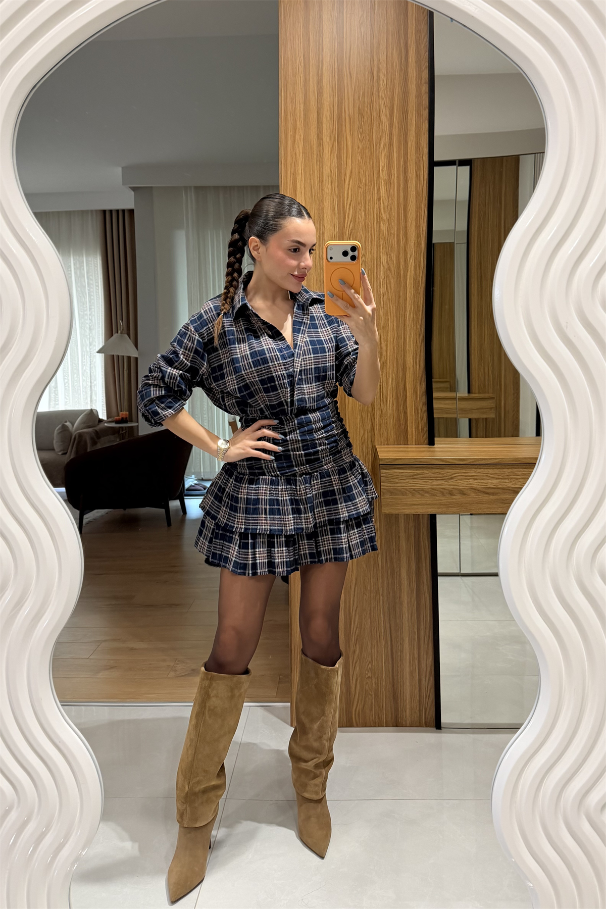 Shake Lacivert Ekose Fırfır Etekli Takım