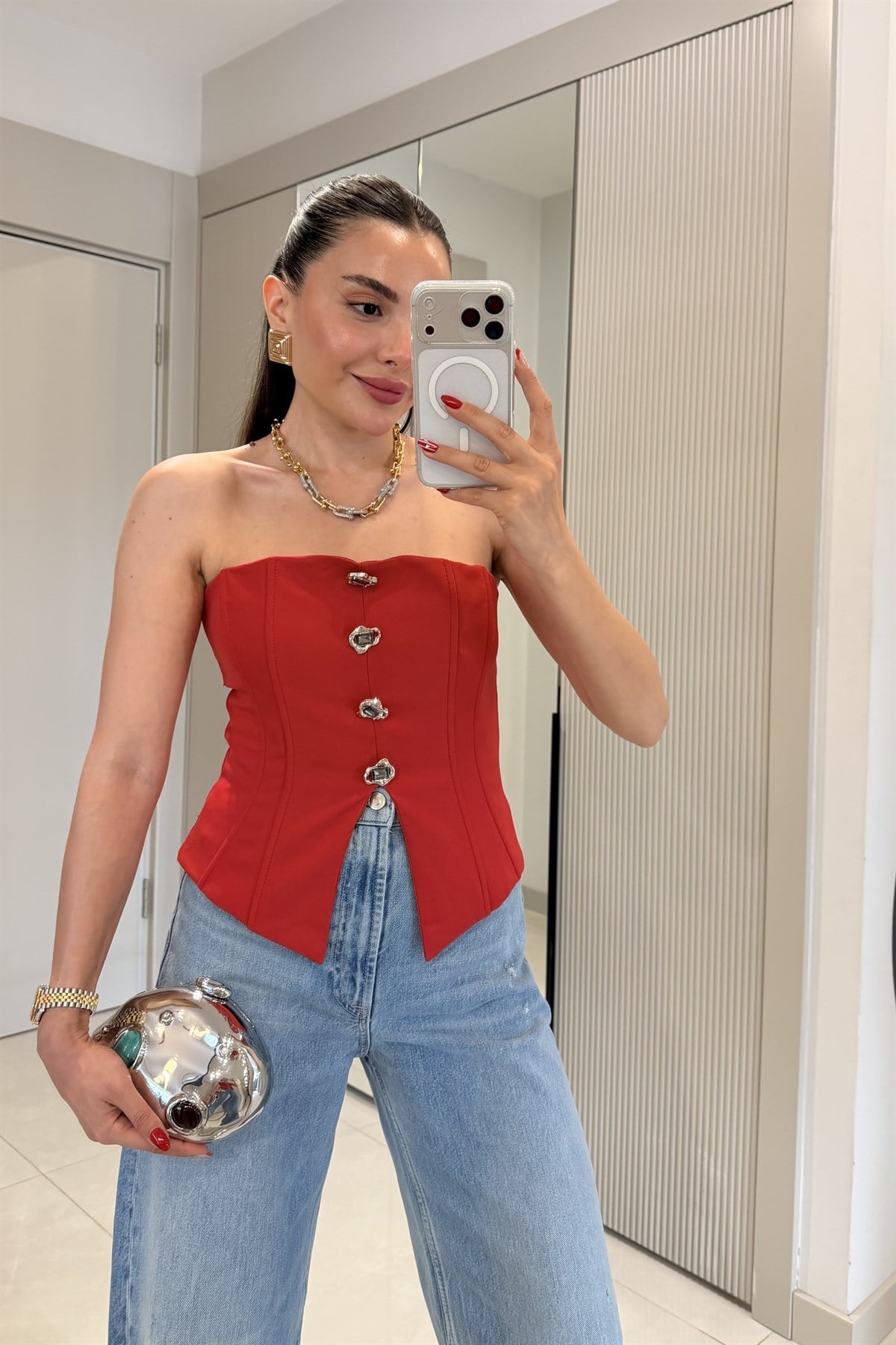 Shakira Kırmızı Düğmeli Straplez Büstiyer