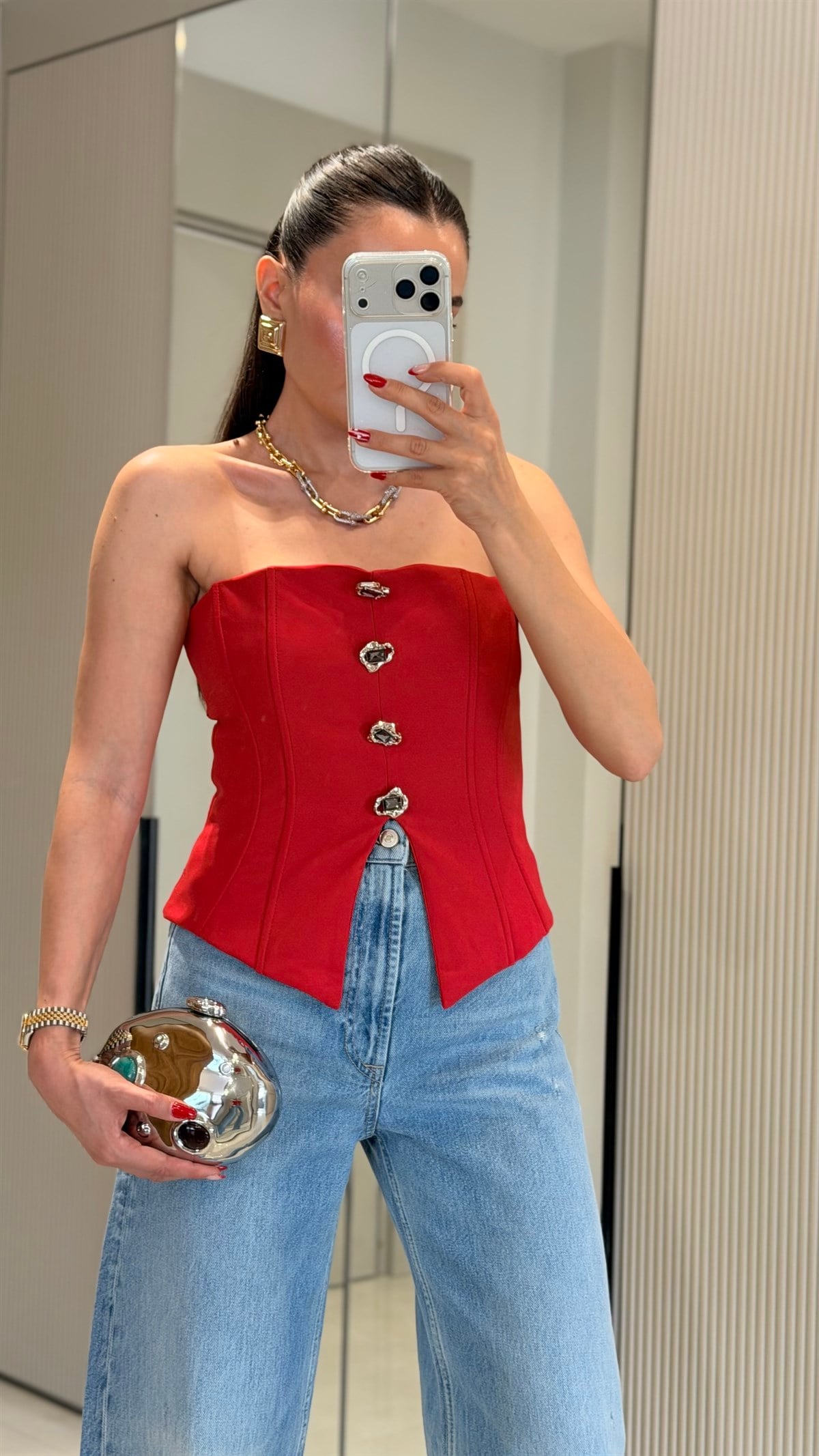 Shakira Kırmızı Düğmeli Straplez Büstiyer