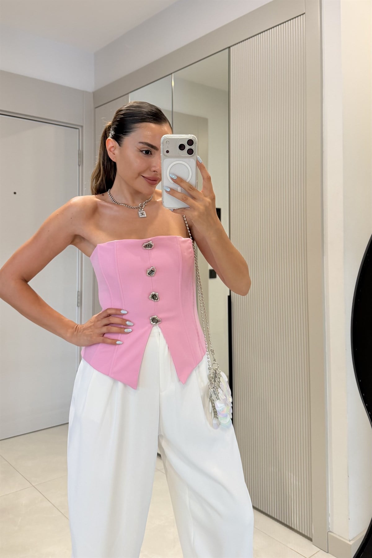 Shakira Pembe Düğmeli Straplez Büstiyer