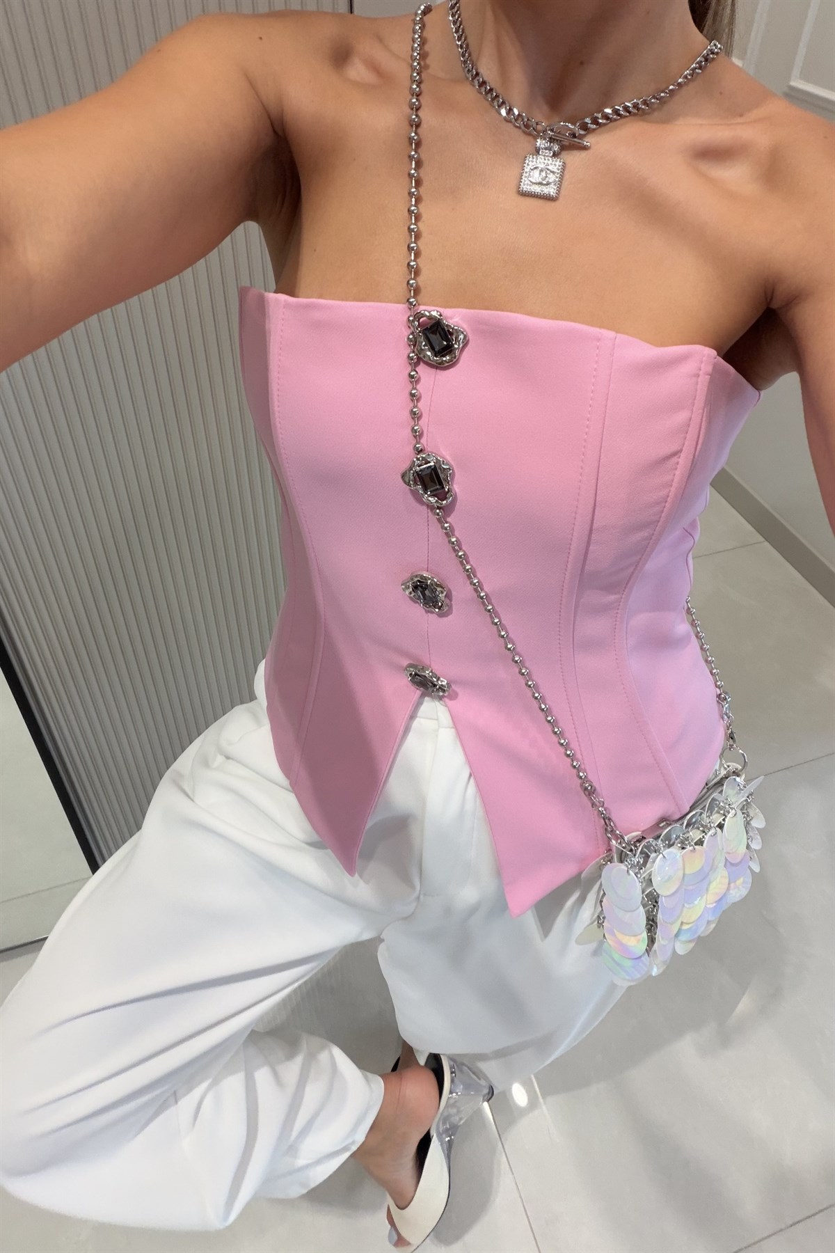 Shakira Pembe Düğmeli Straplez Büstiyer