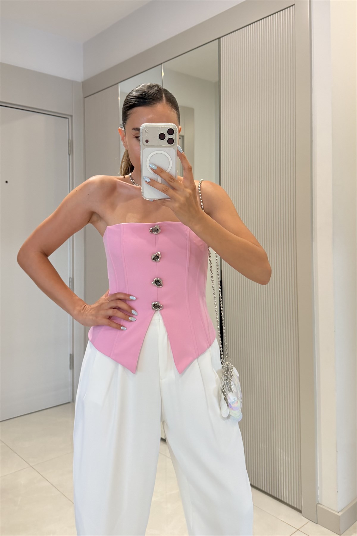 Shakira Pembe Düğmeli Straplez Büstiyer