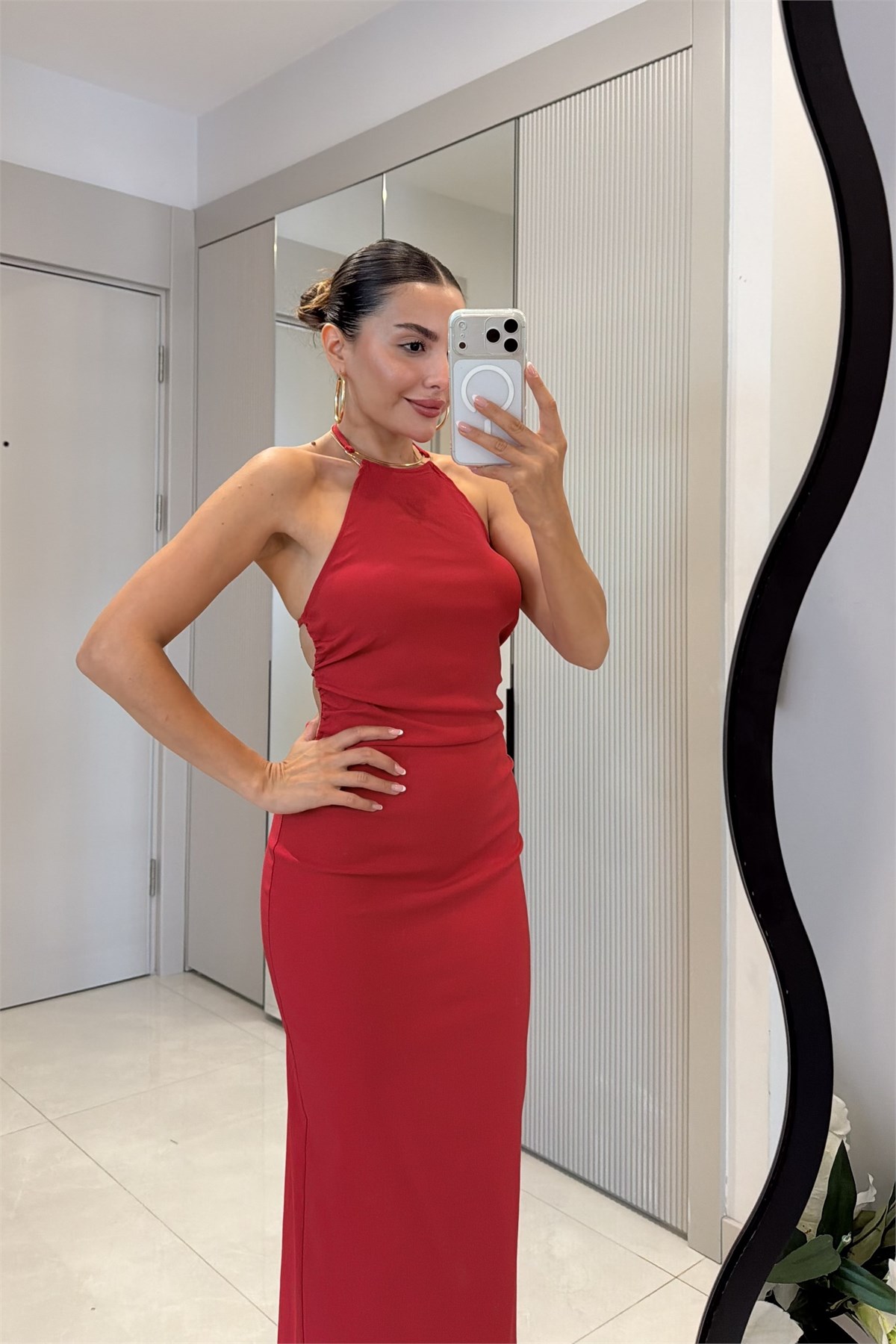 Shanna Kırmızı Kolye Detaylı Sırt Dekolteli Elbise