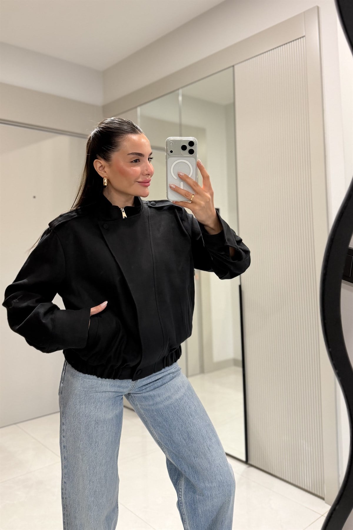 Share Siyah Keten Bomber Ceket