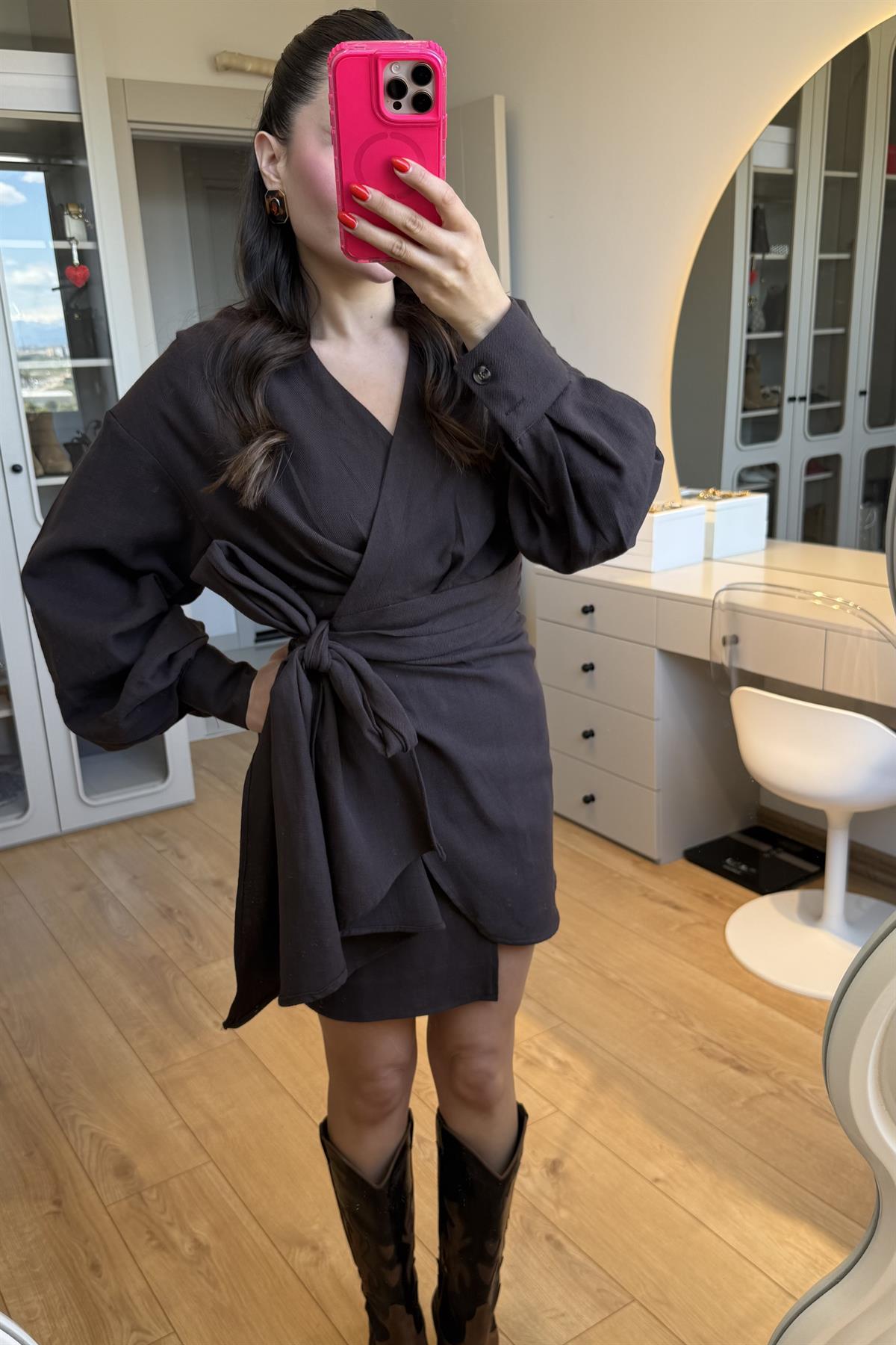 Shawe Acı Kahve Bağlamalı Keten Elbise